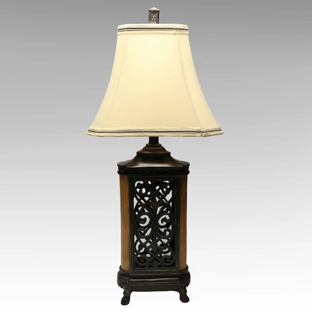 Pierced Column Table Lamp with Pinstripe Silk Shade