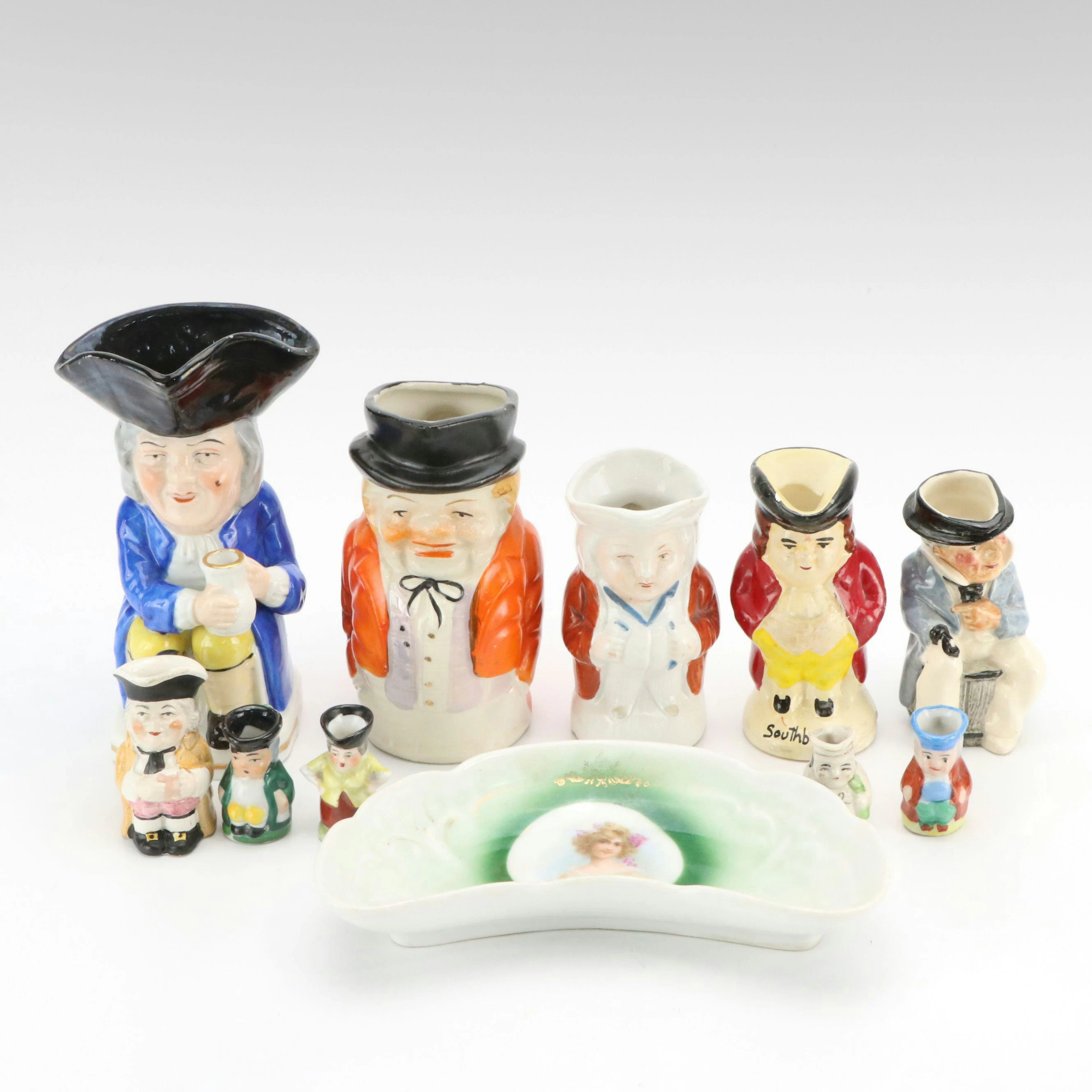 Japanese Miniature and More Toby Jugs with Porcelain Bone Dish