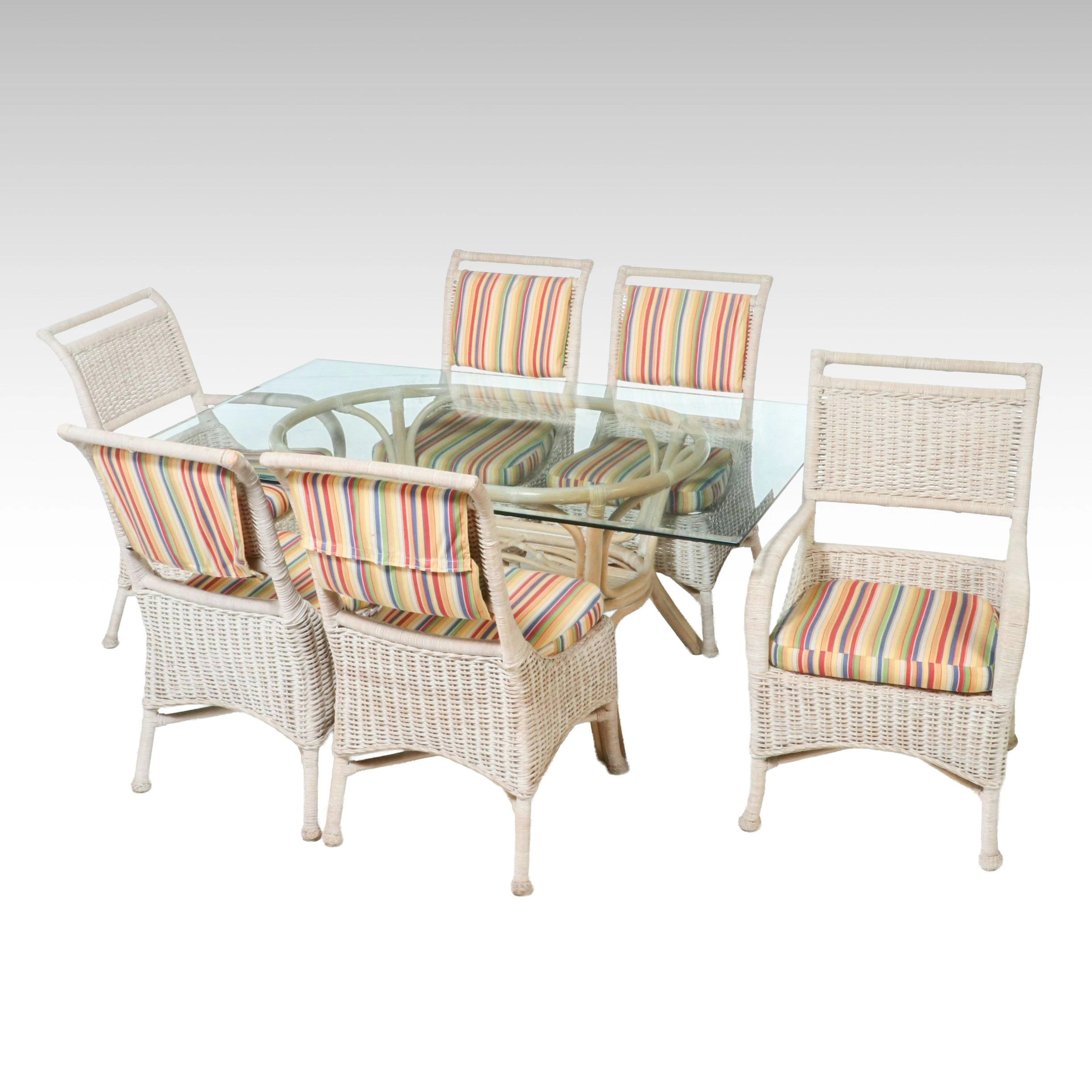 Seven Piece Wicker and Rattan Dining Set with Lexington Furniture Table