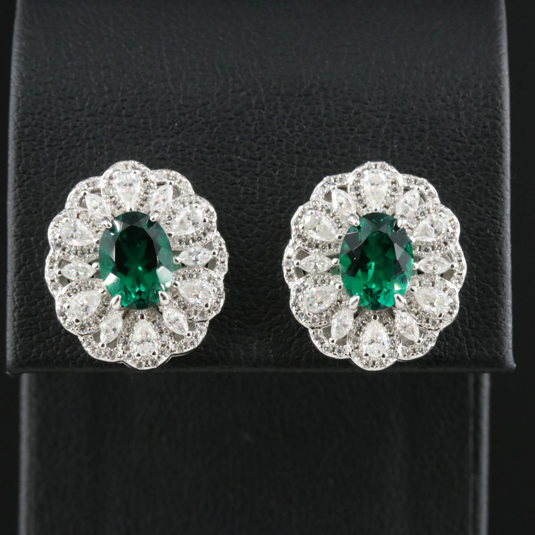 Sterling Emerald and Moissanite Button Earrings