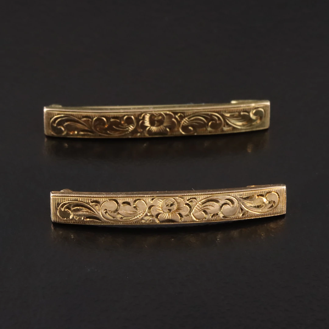 Antique 14K Hand Engraved Flower Bar Pins