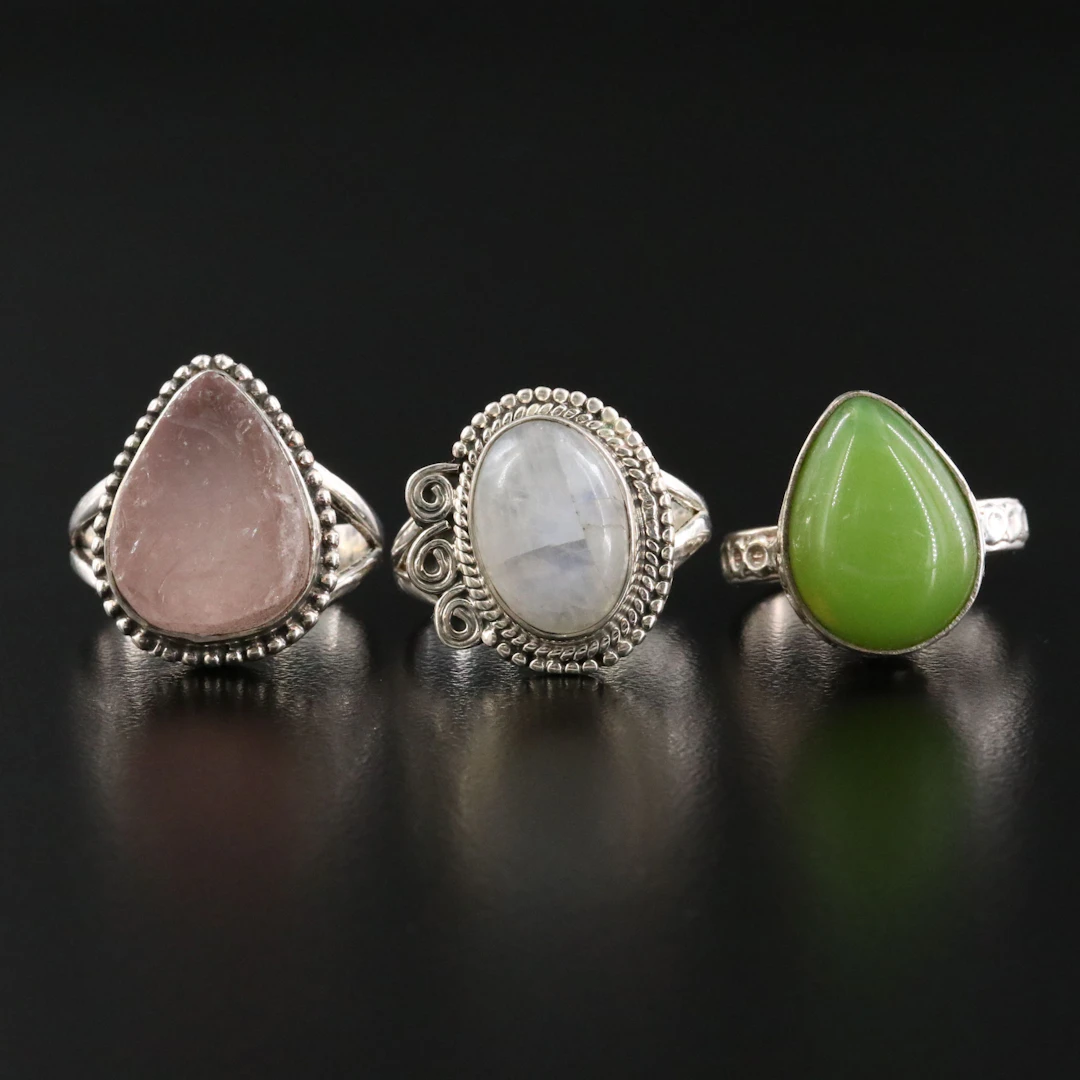 Sterling Gemstone Rings Featuring Rose Quartz and Moonstone