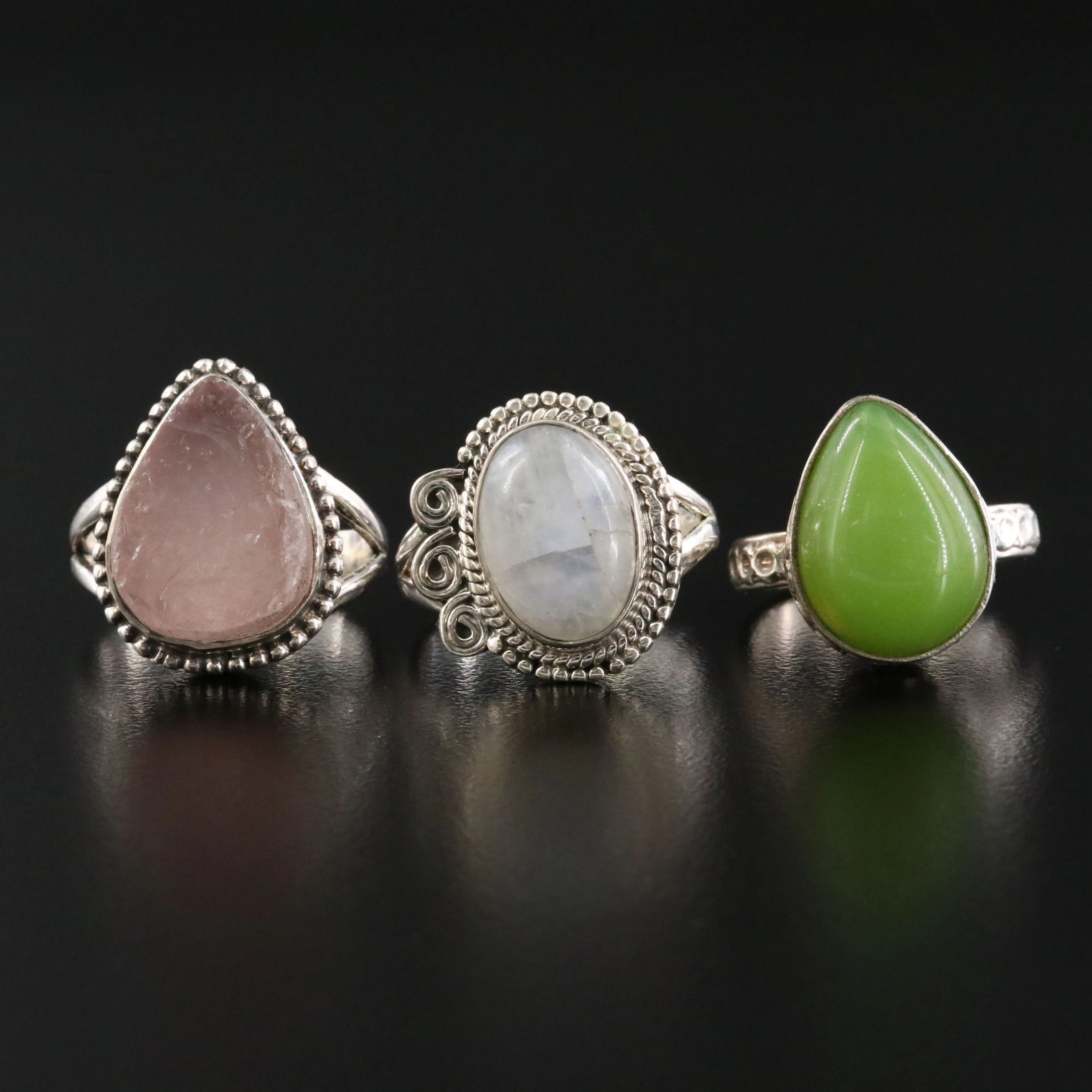 Sterling Gemstone Rings Featuring Rose Quartz and Moonstone