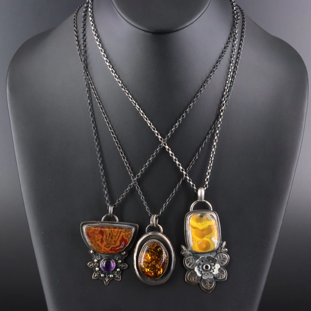 EON Designs Sterling Pendant Necklaces Featuring Amber and Jasper
