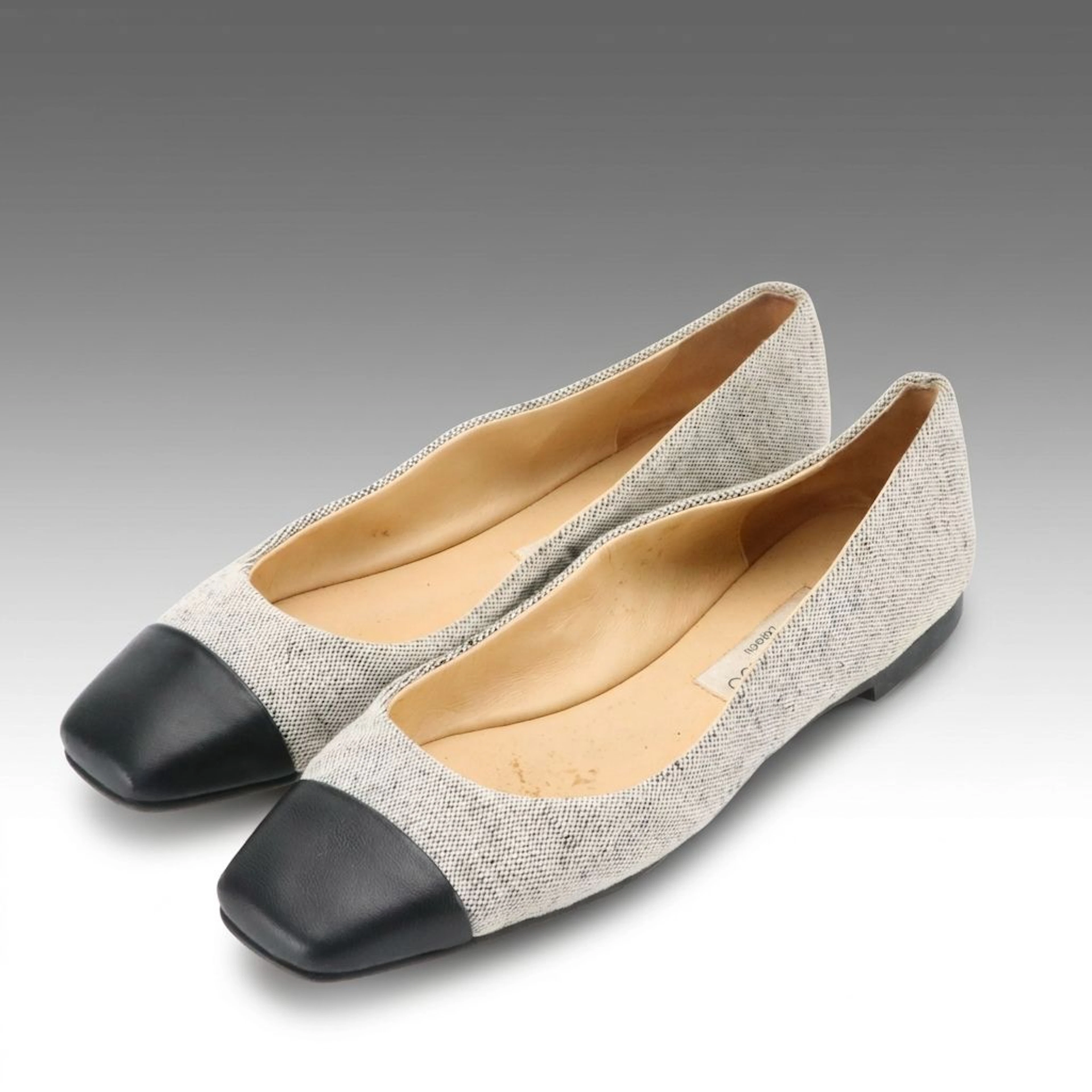 Jimmy Choo Tweed and Black Leather Square Cap-Toe Flats