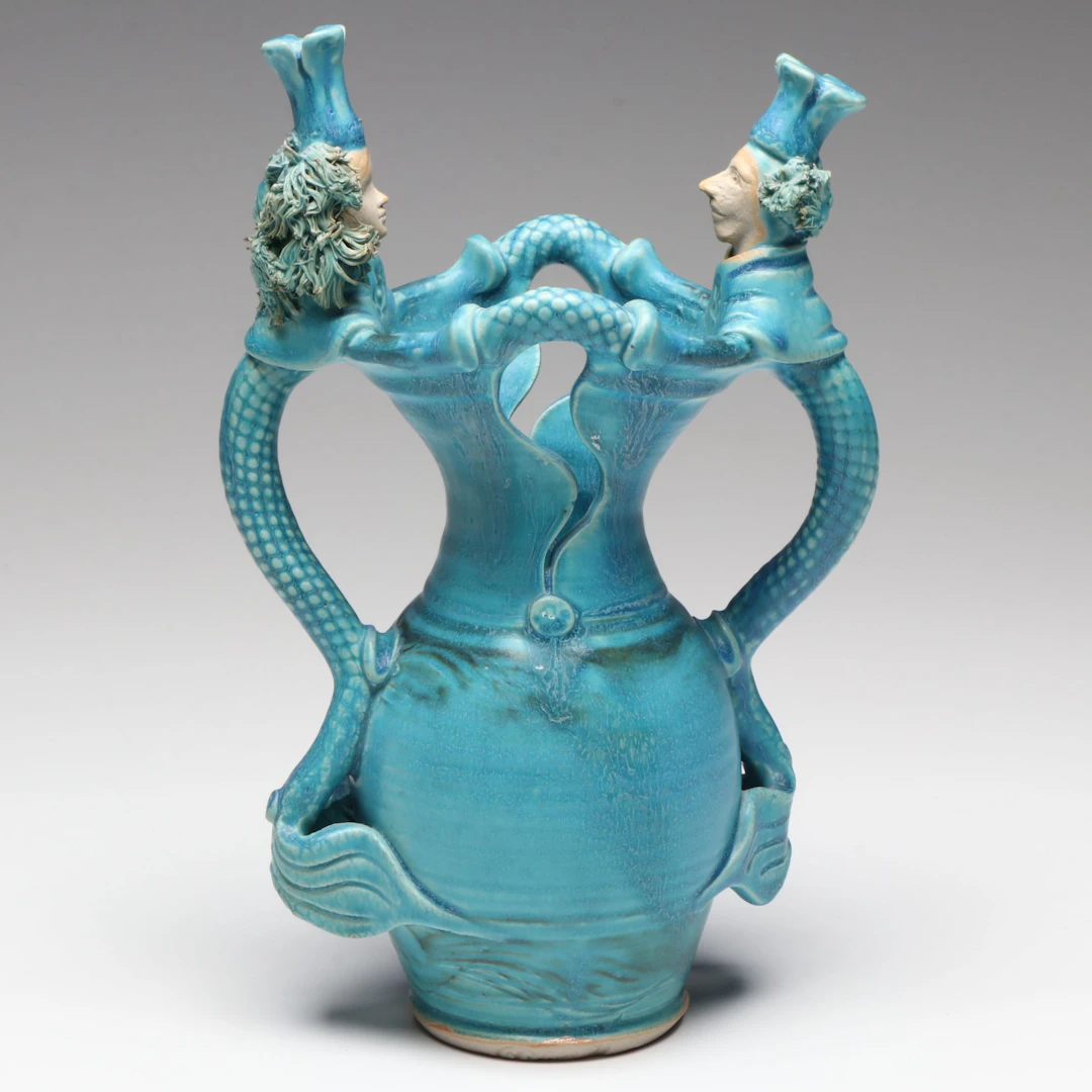 Michael Kennedy Irish Ceramic Vase with Mermaid Tail Handles