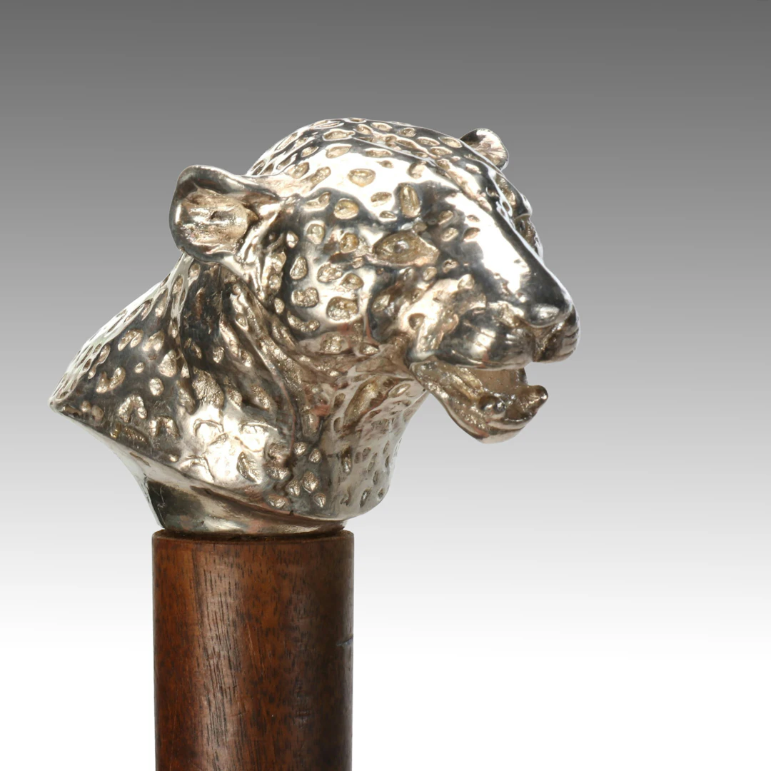 Sterling Silver Jaguar Head Handled Walking Stick, Mid-20th Century