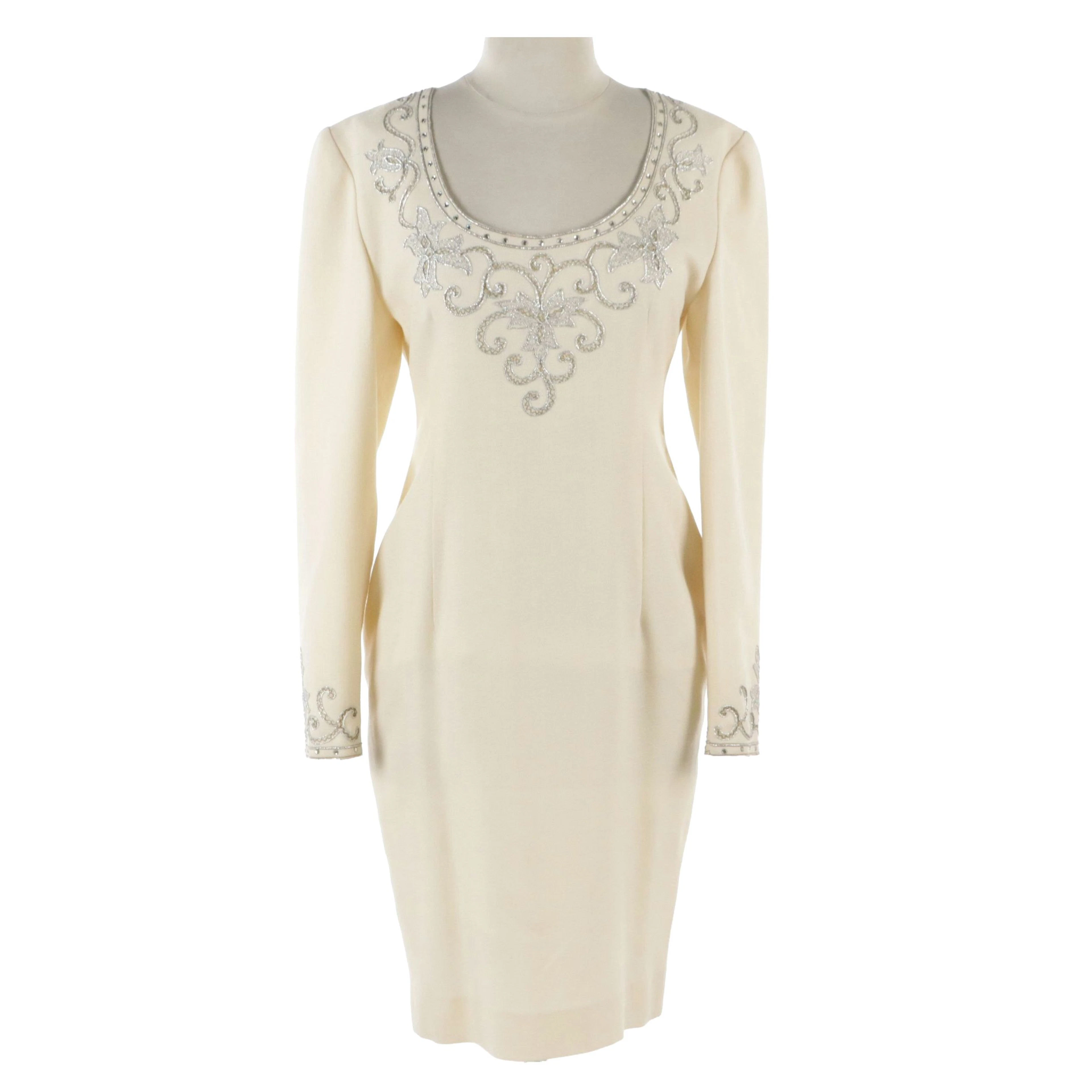 Pierre Balmain Ivory Wool Evening Dress with Metallic Thread Embroidery