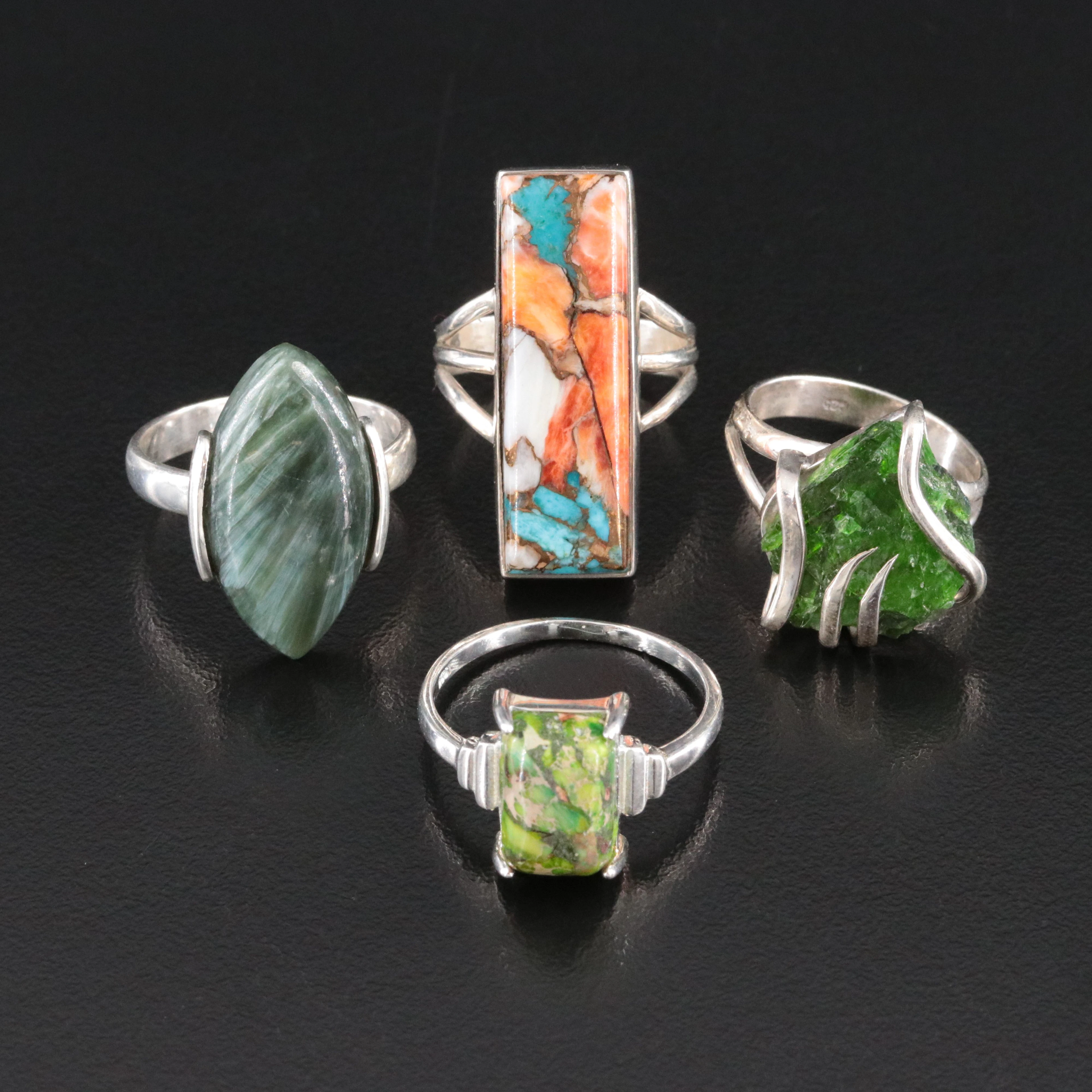 Sterling Gemstone Ring Collection Featuring Spiny Oyster and Chrome Diopside