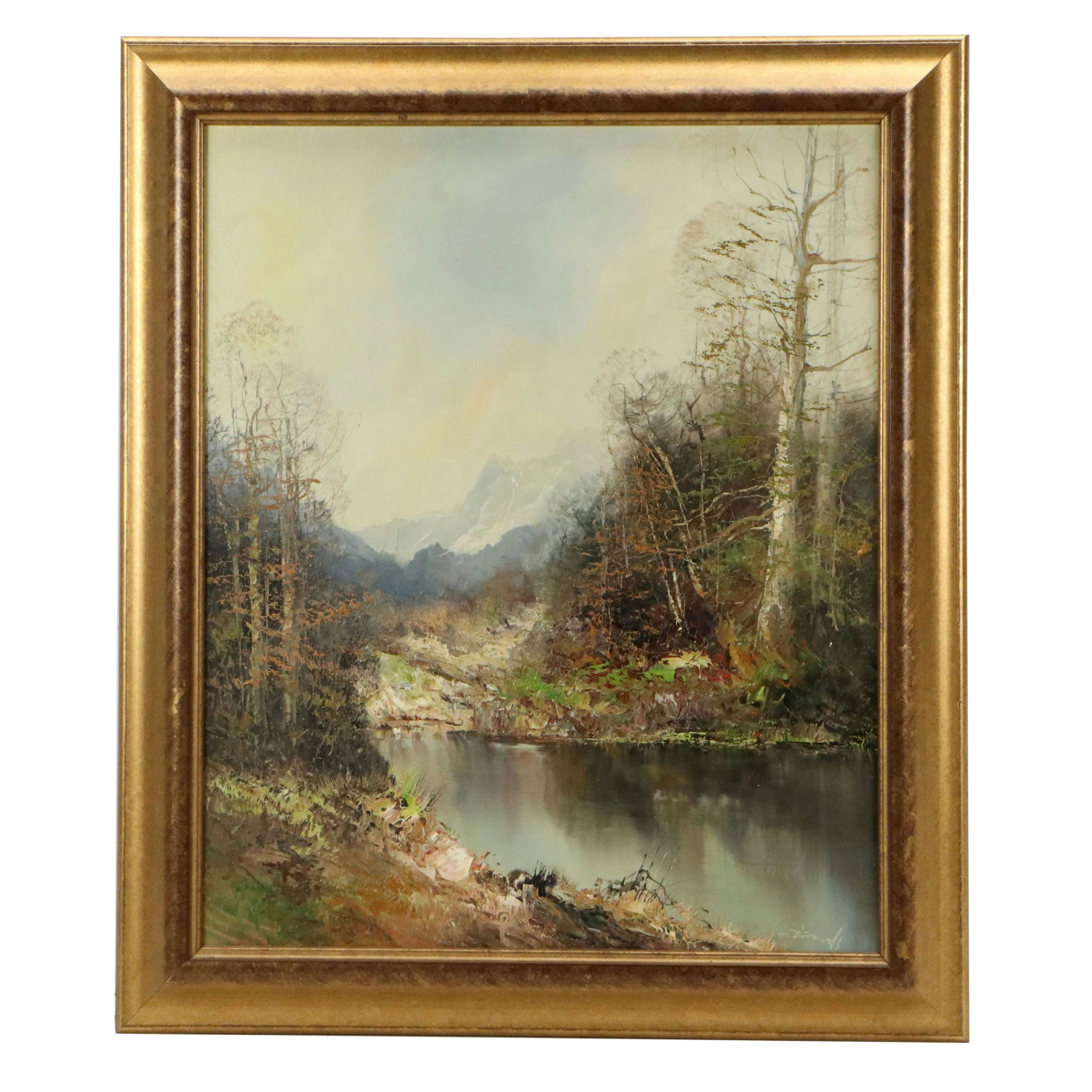 Woodland Lake Landscape Oil Painting, 20th Century