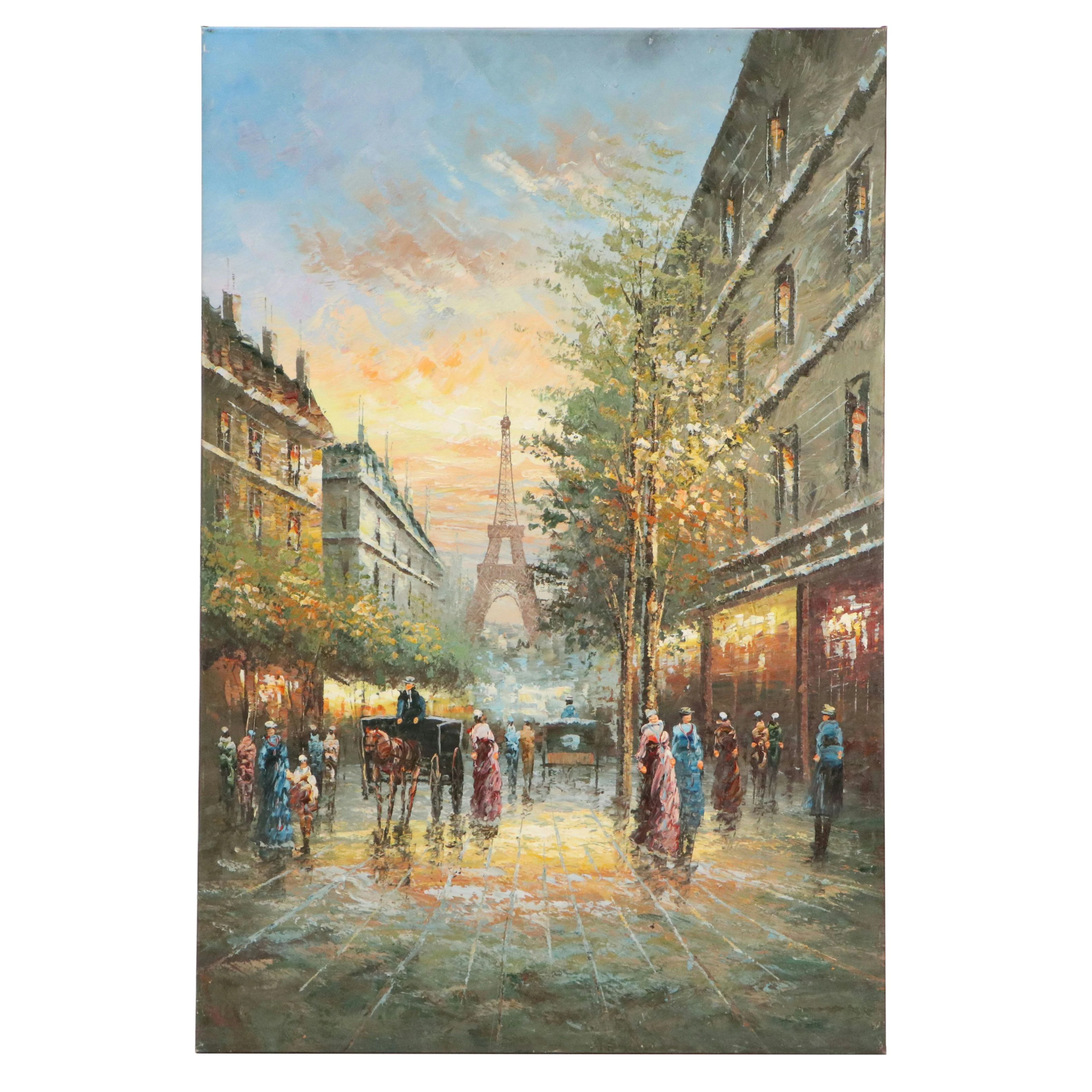 Cityscape Oil Painting of Parisian Street with Eiffel Tower, 21st century