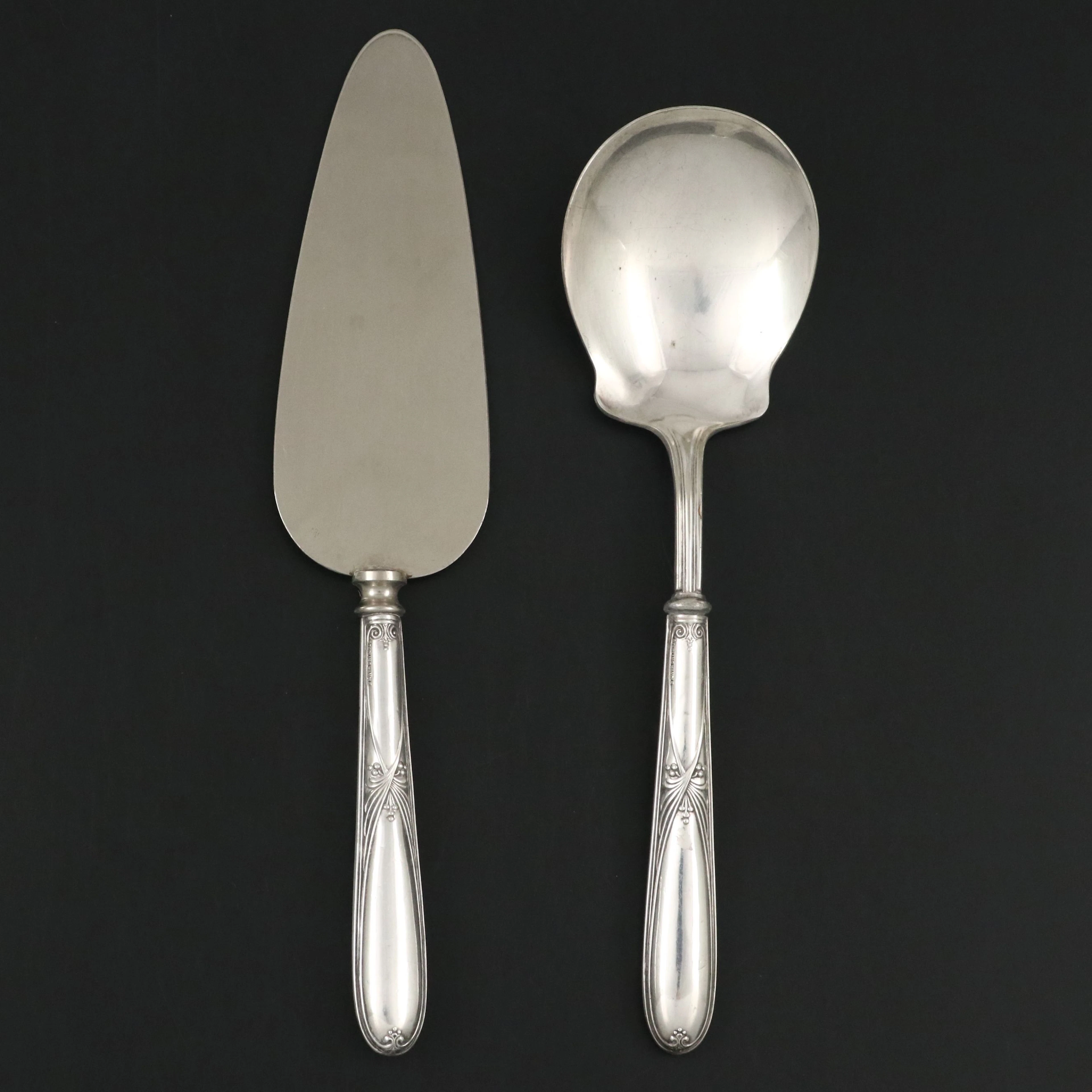 American Mid-Century Sterling Silver Handled Cake Server and Serving Spoon