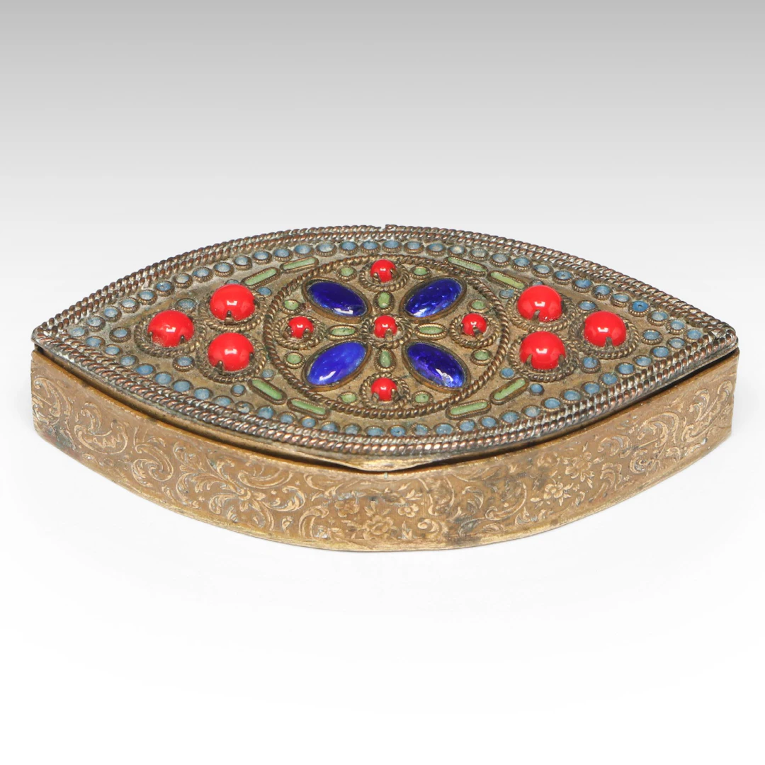 French Moorish Style Brass Box with Enamel Cabochons