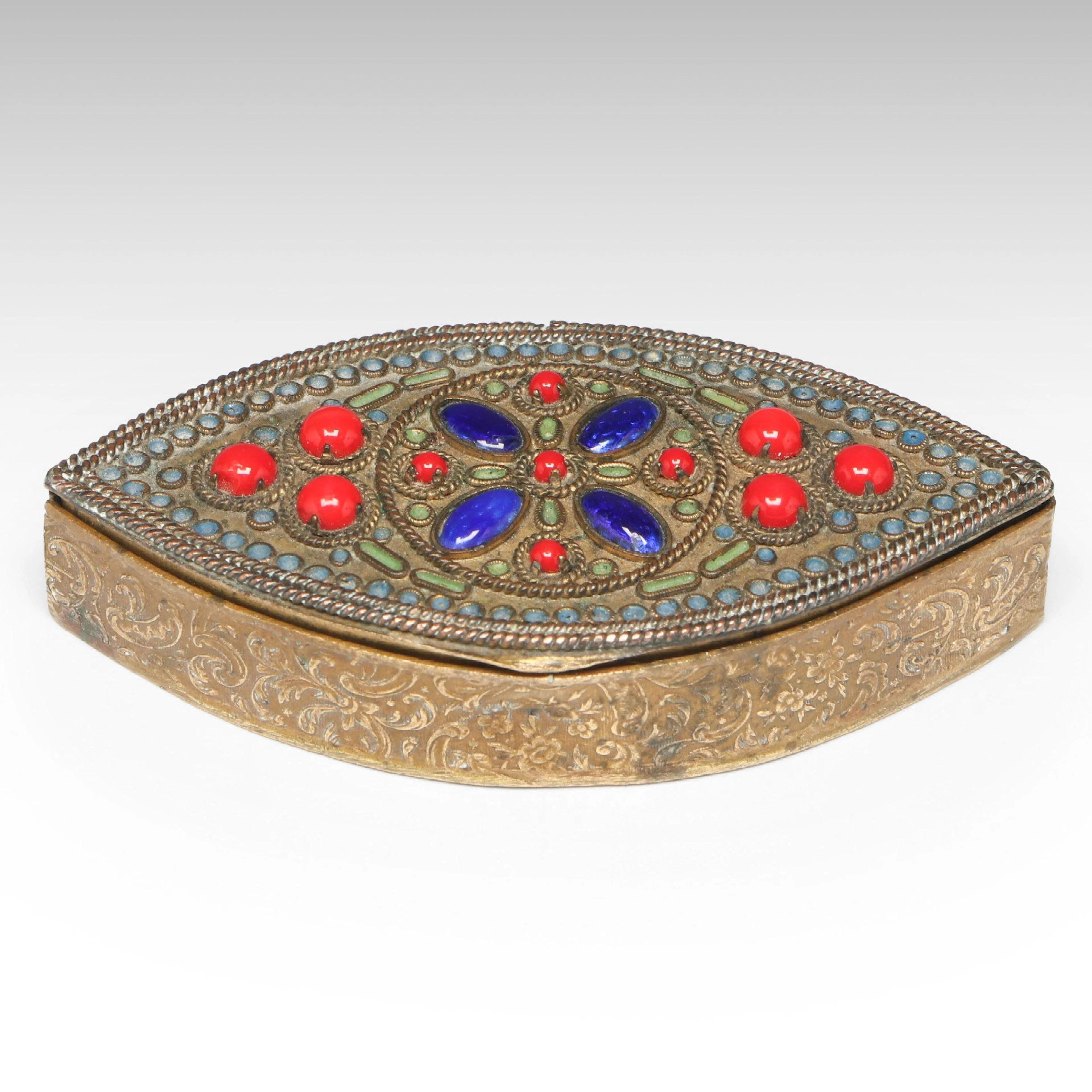 French Moorish Style Brass Box with Enamel Cabochons