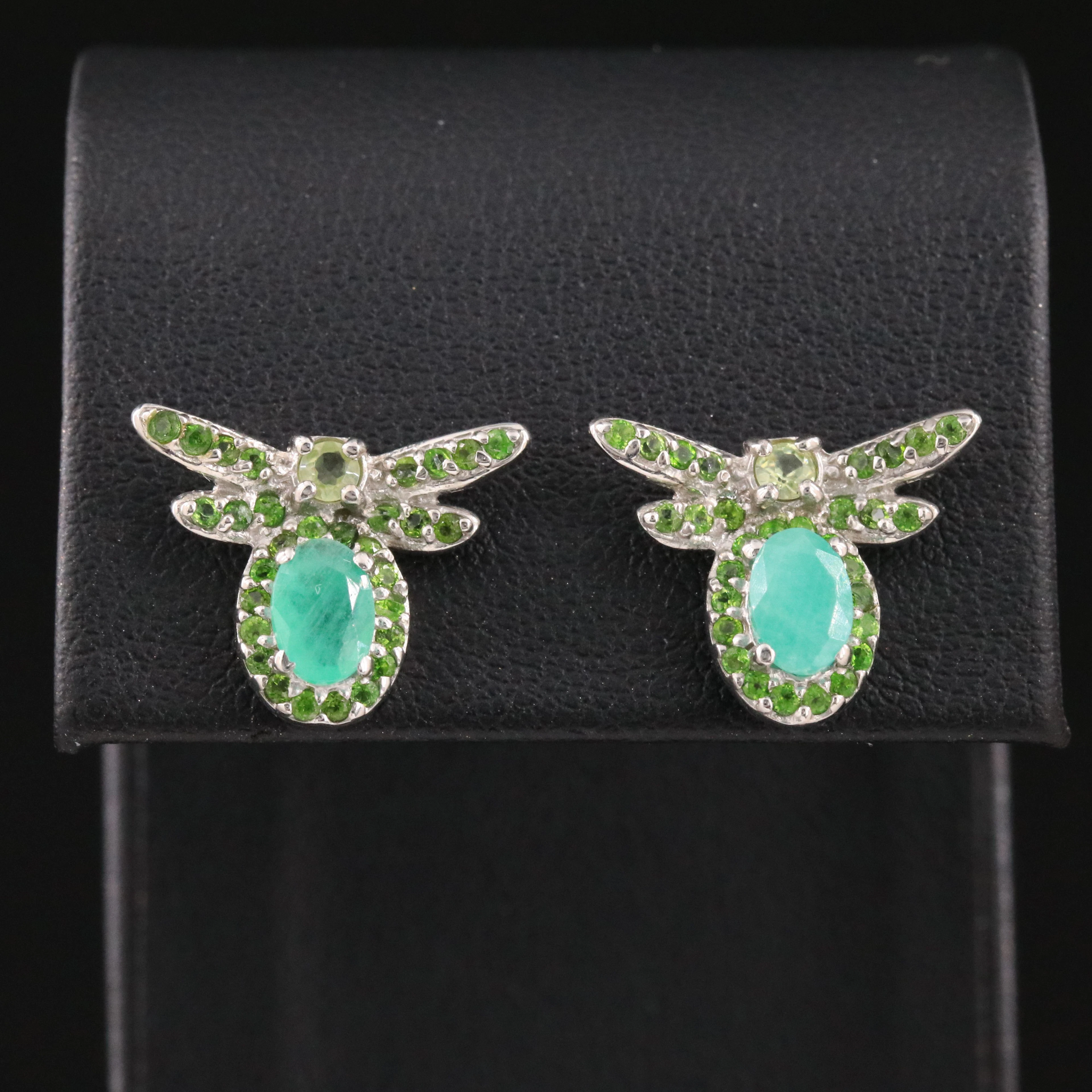 Sterling Emerald, Peridot, and Tsavorite Bee Stud Earrings
