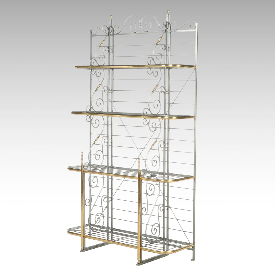 French Provincial Style Brass and Scrolled Metal Baker's Rack