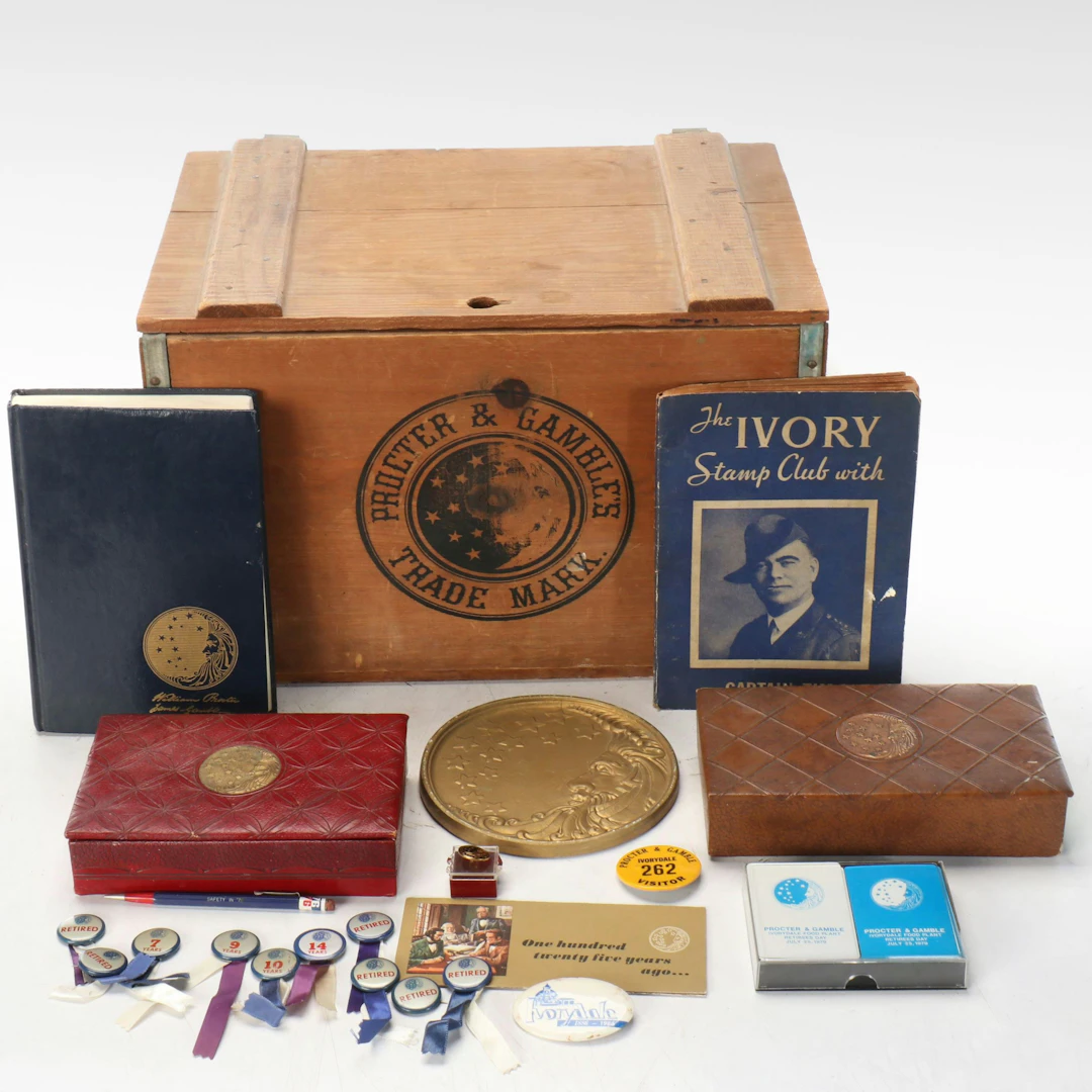 Procter & Gamble Ivory Soap Crate with More Memorabilia, Mid to Late 20th C.