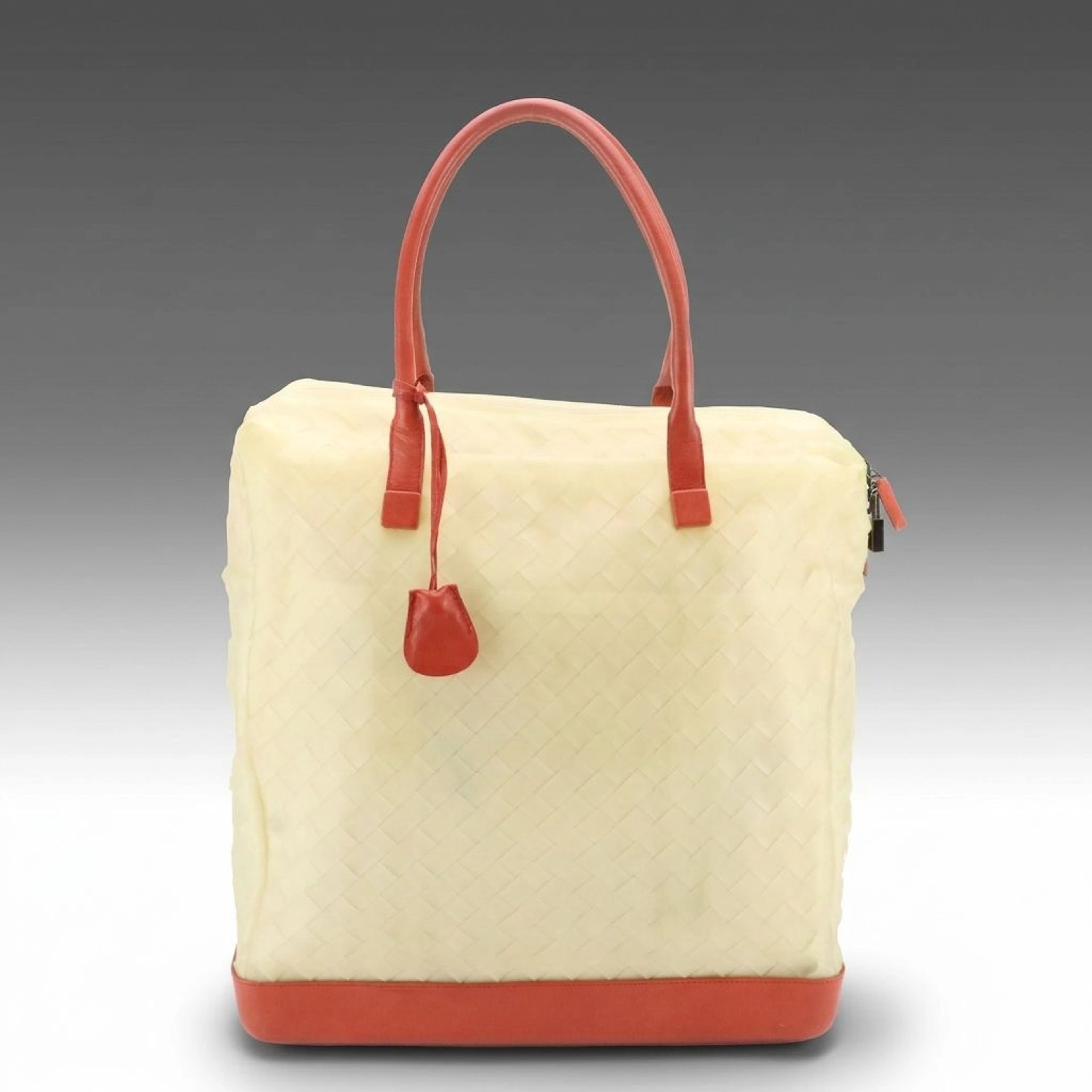 Bottega Veneta Intrecciato PVC and Coral Red Leather Tote Bag