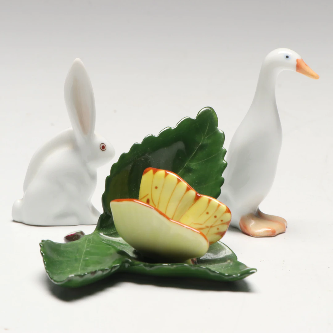 Herend Porcelain Figurines Including "Goose," "Butterfly on Leaf," and Other