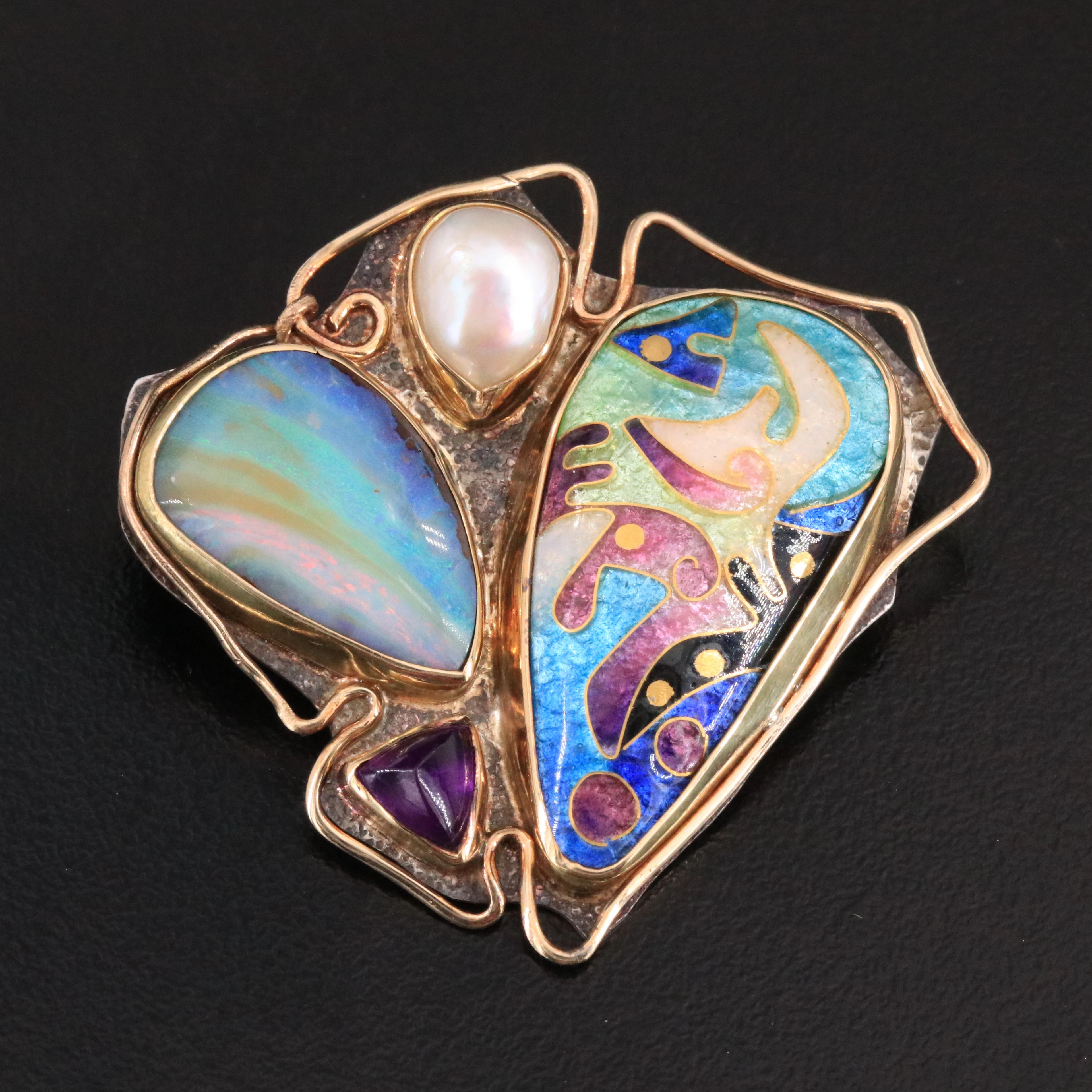 Judy Goskey Sterling, Pearl, Opal & 14K Cloisonné Converter Brooch