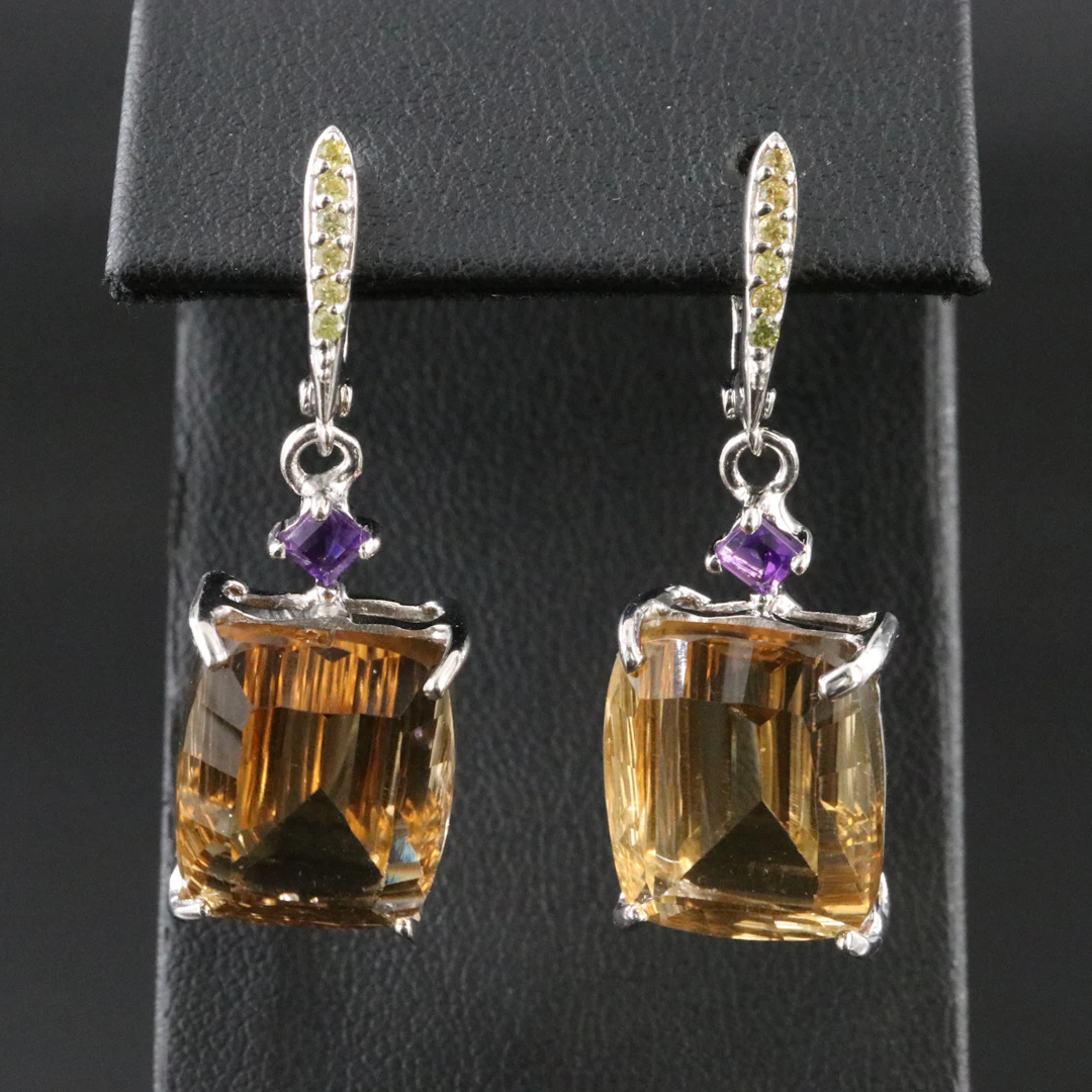 Sterling Citrine, Amethyst, and Yellow Sapphire Pendant Earrings