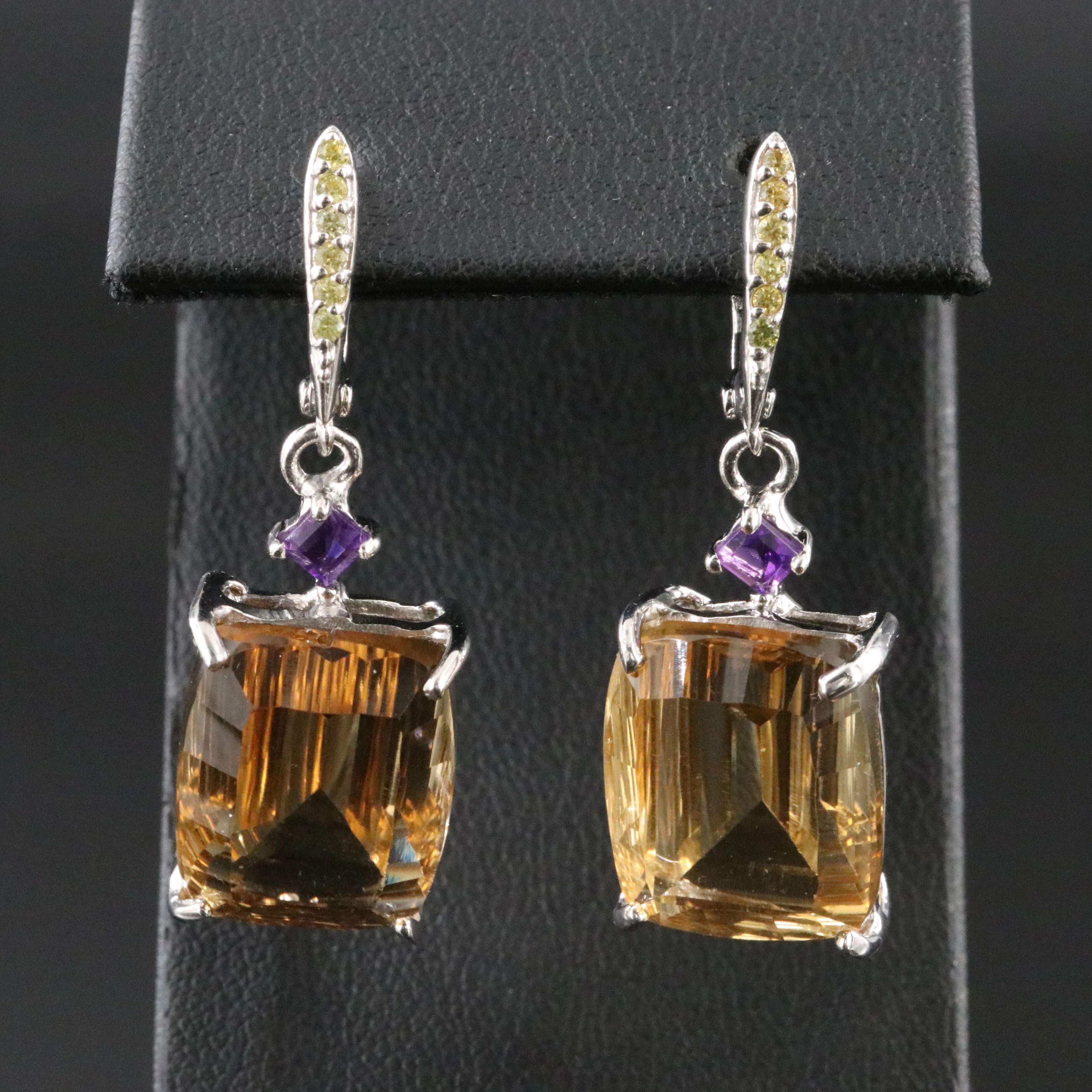 Sterling Citrine, Amethyst, and Yellow Sapphire Pendant Earrings