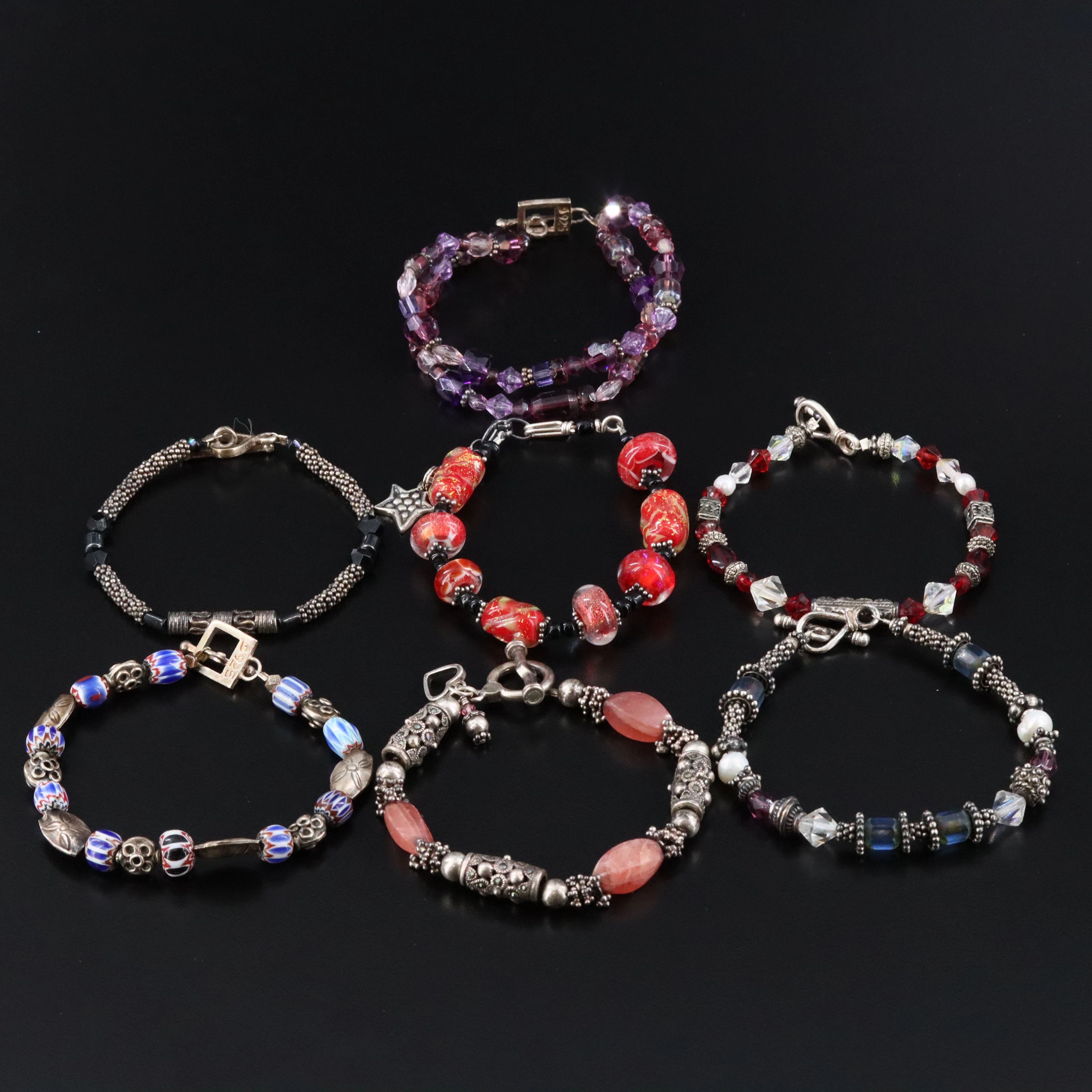Sterling Rhodochrosite and Art Glass Bracelets