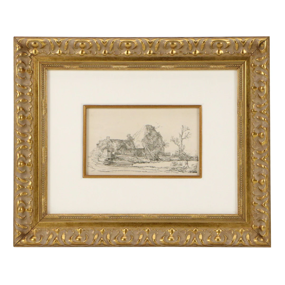 After Rembrandt van Rijn "Cottages and Farm Buildings with a Man Sketching"