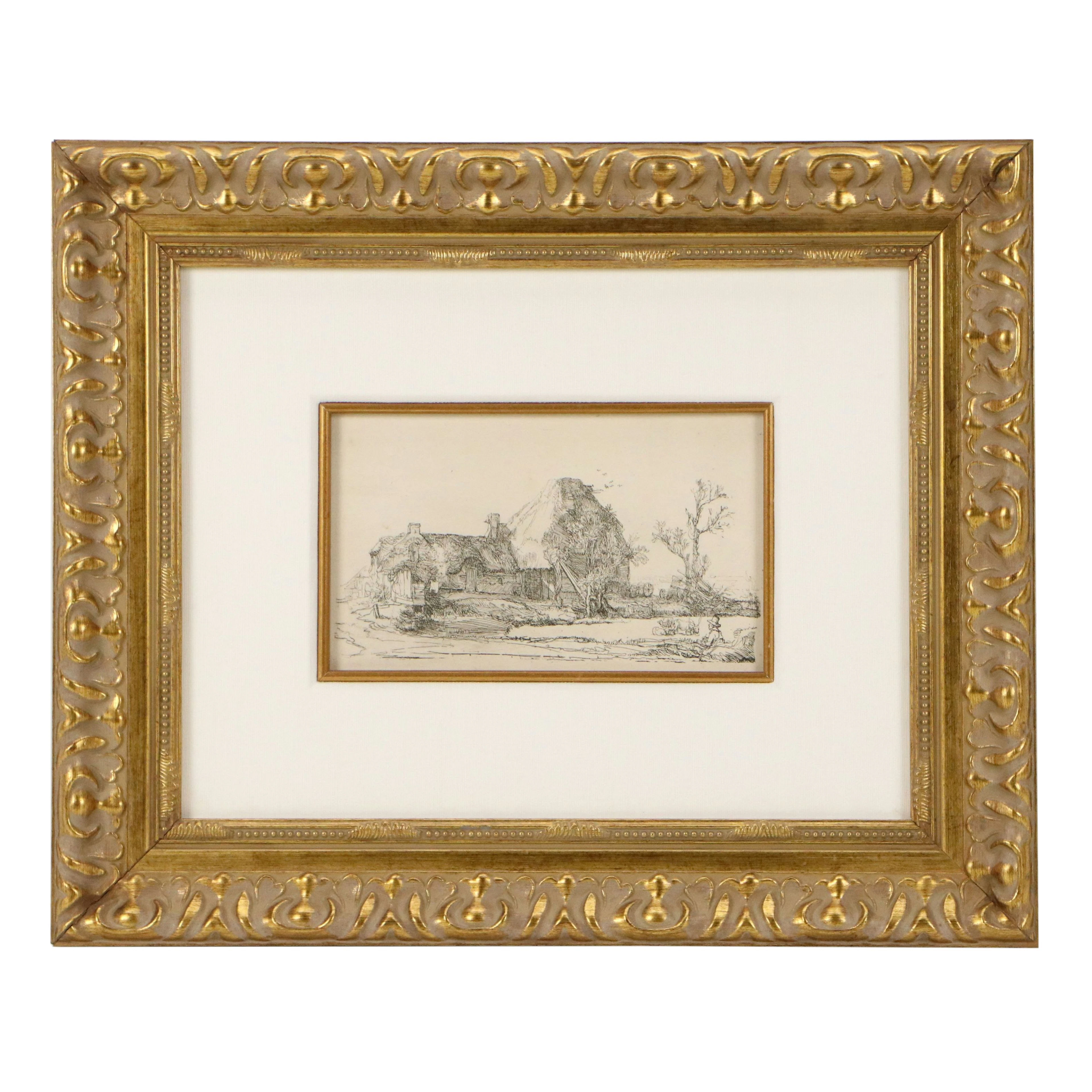 After Rembrandt van Rijn "Cottages and Farm Buildings with a Man Sketching"