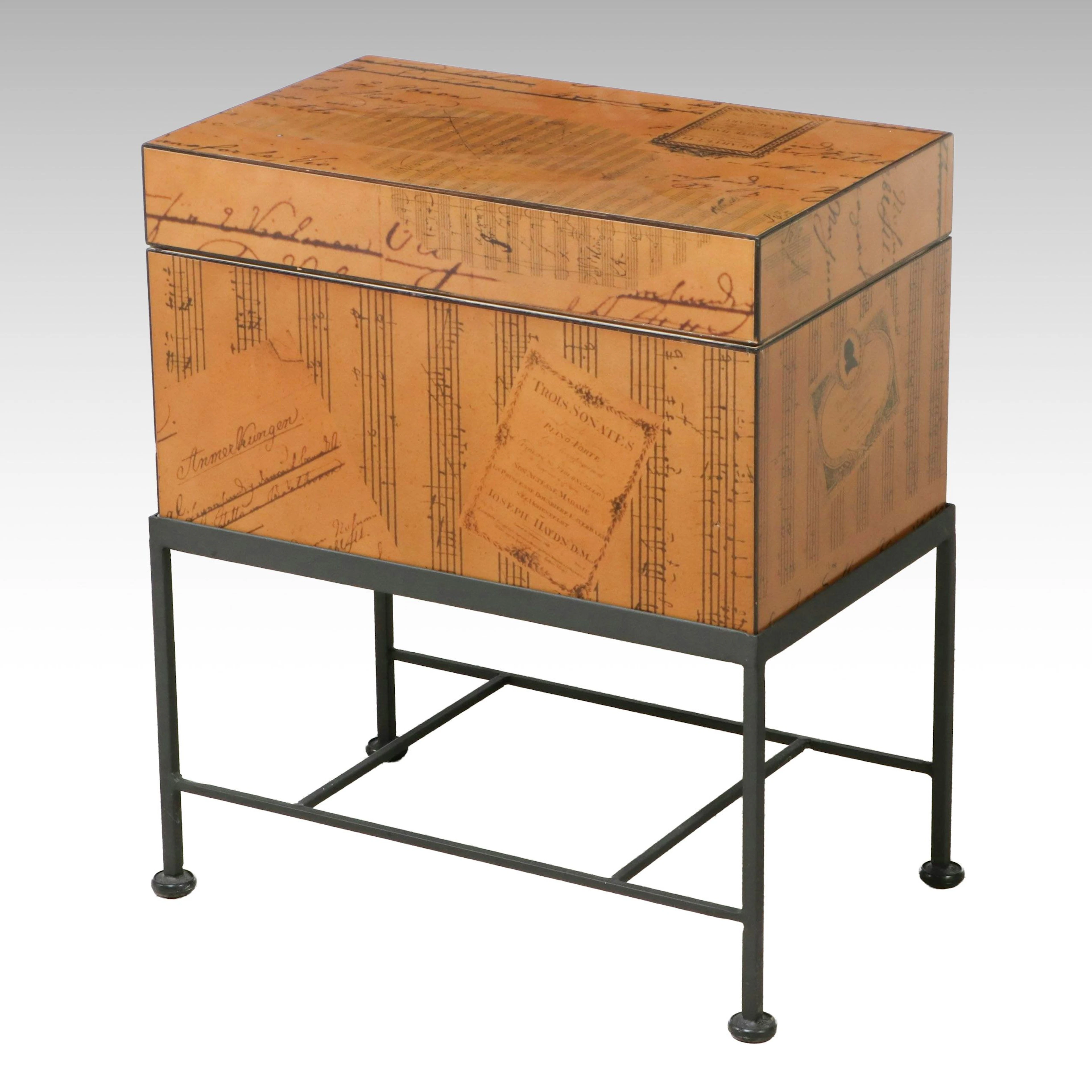 Contemporary Trunk on Metal Stand with Sheet Music Motif, 21st Century