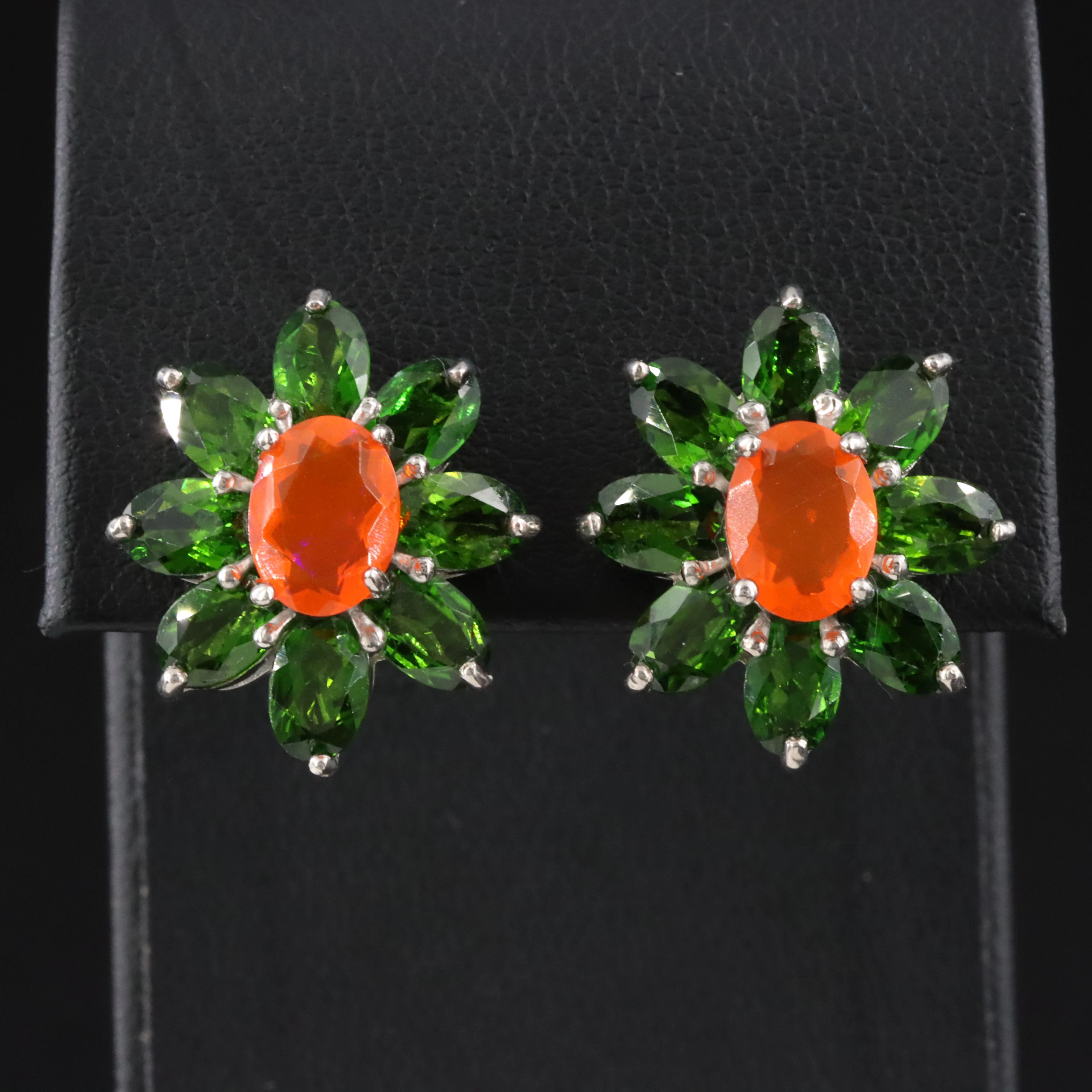 Sterling Fire Opal Earrings with Chrome Diopside Halo
