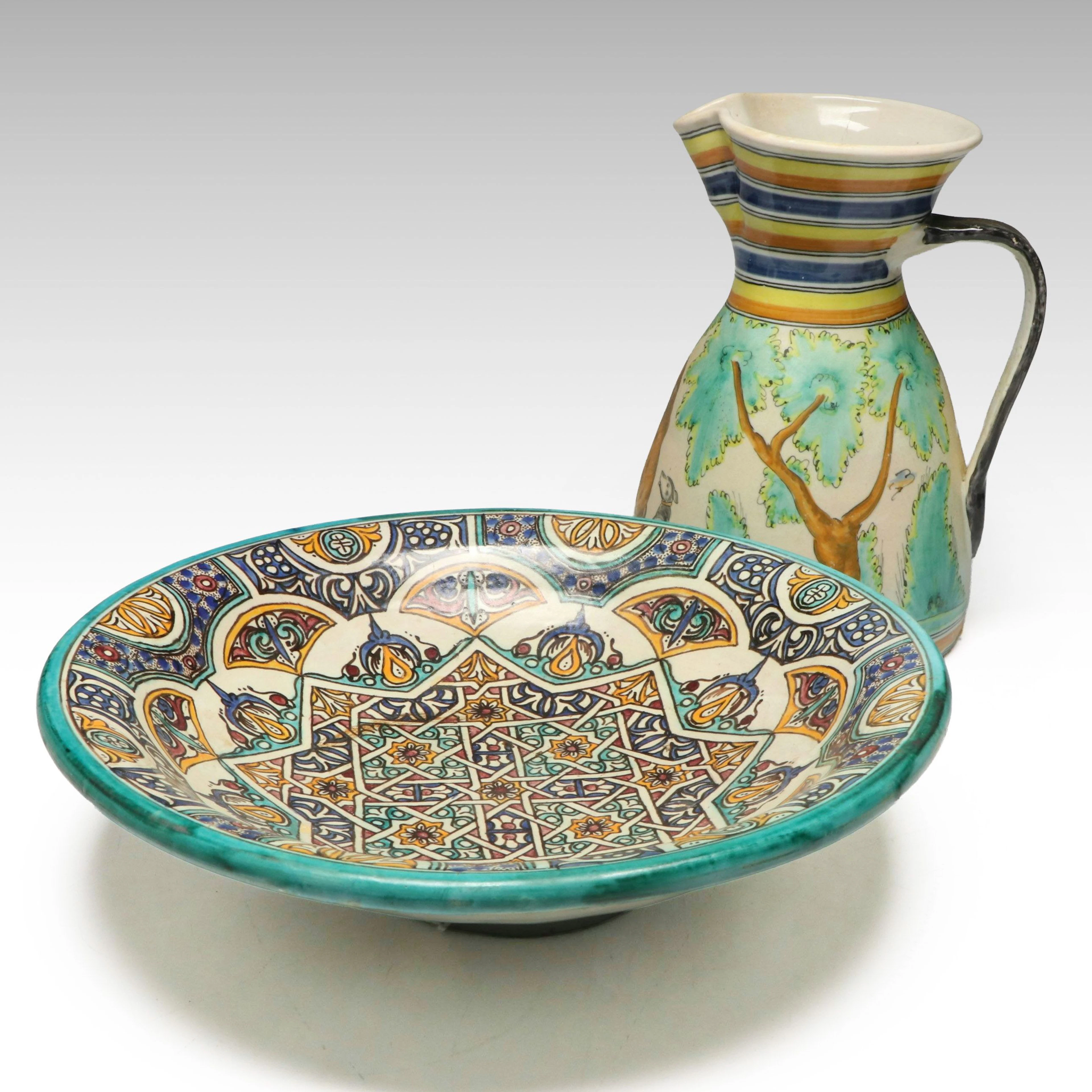 Spanish Alfar del Río Polychrome Ceramic Pitcher with Moroccan Style Bowl