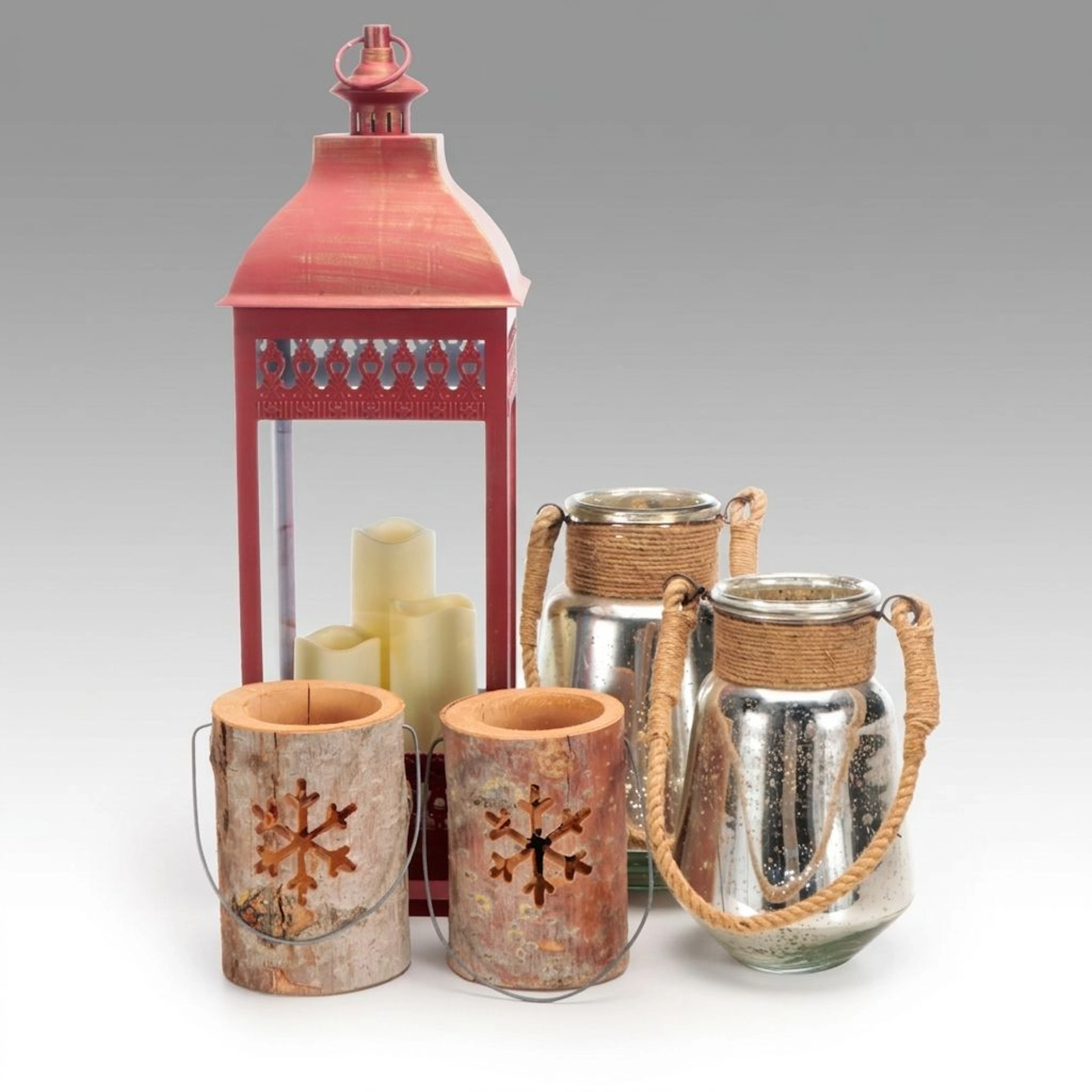 Rustic Style Red Finish Lantern with Wood and Glass Candle Holders