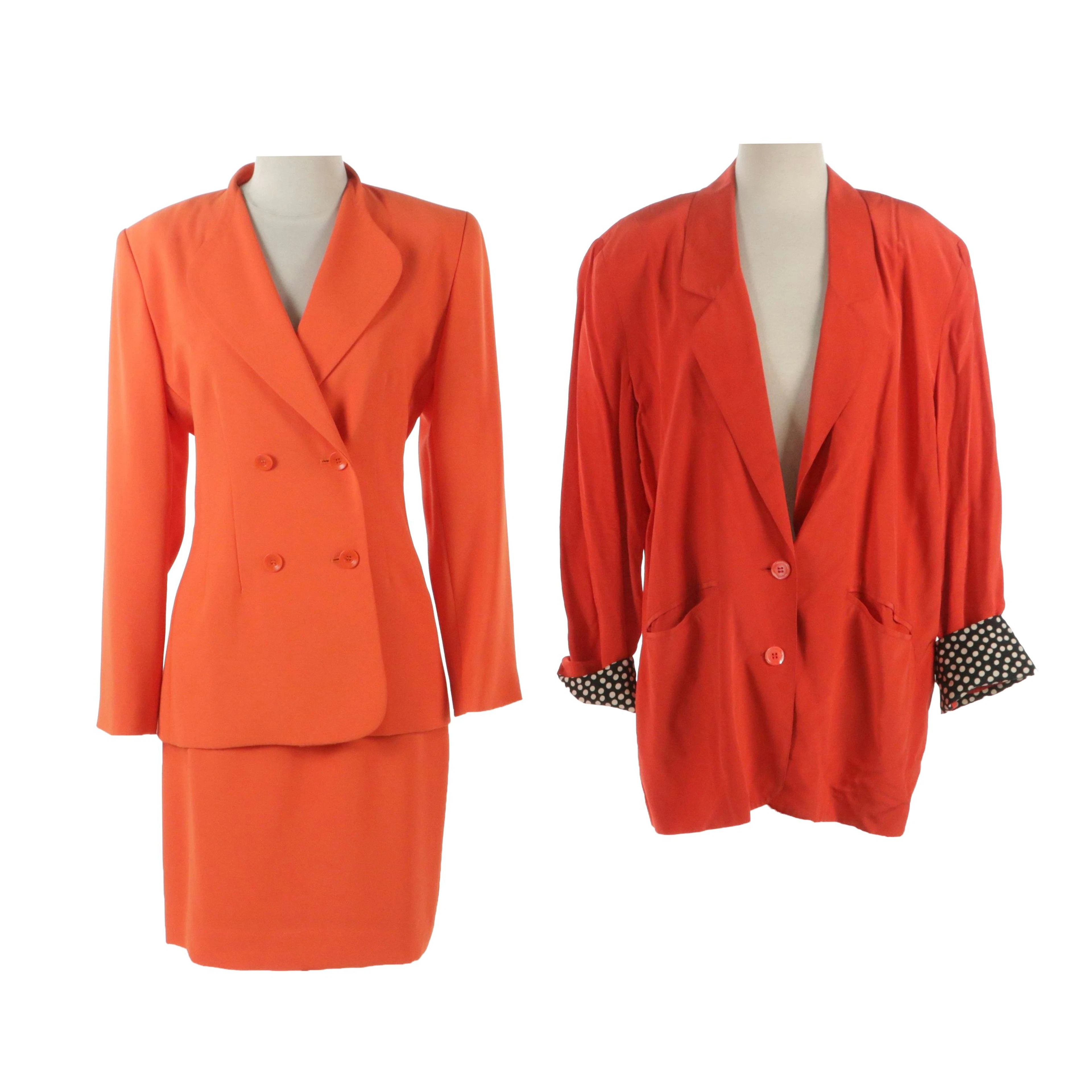 Oleg Cassini Orange Acetate Skirt Suit and Silk Blazer with Polka Dot Accents