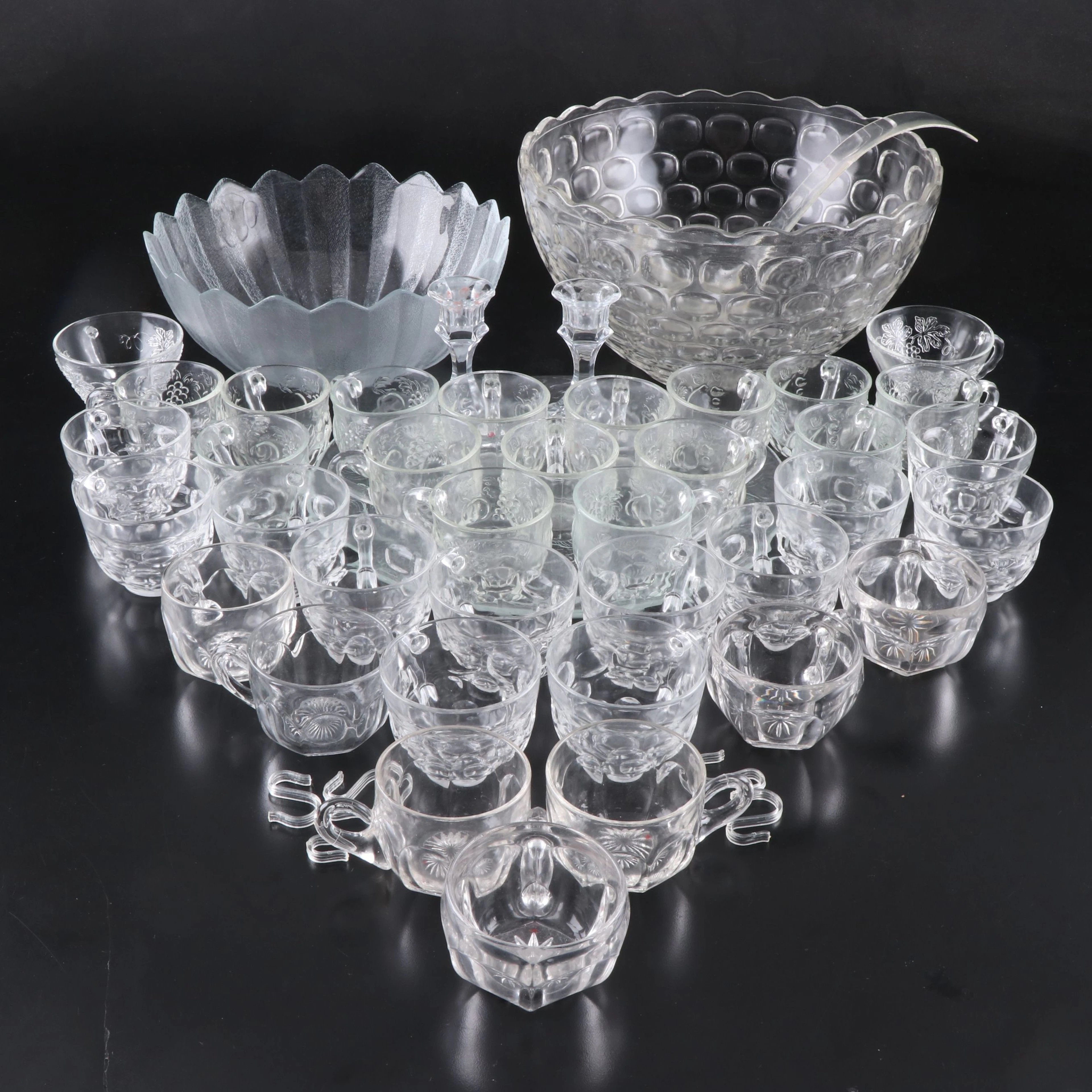 Federal Glass "Yorktown" with Other Punch Bowls and Cups, Mid-20th C.