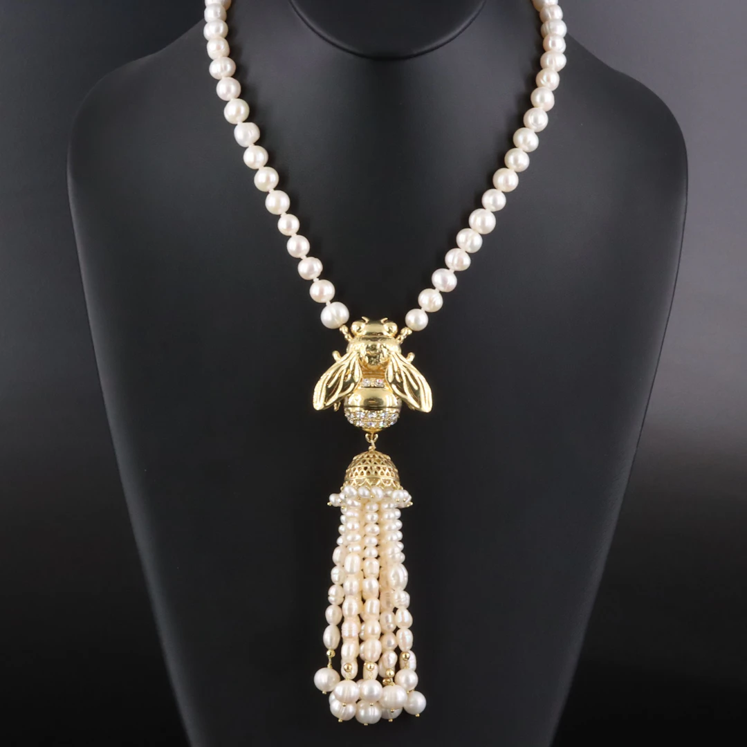 Graziella Braccialini Sterling Pearl & Crystal Bee Tassel Necklace