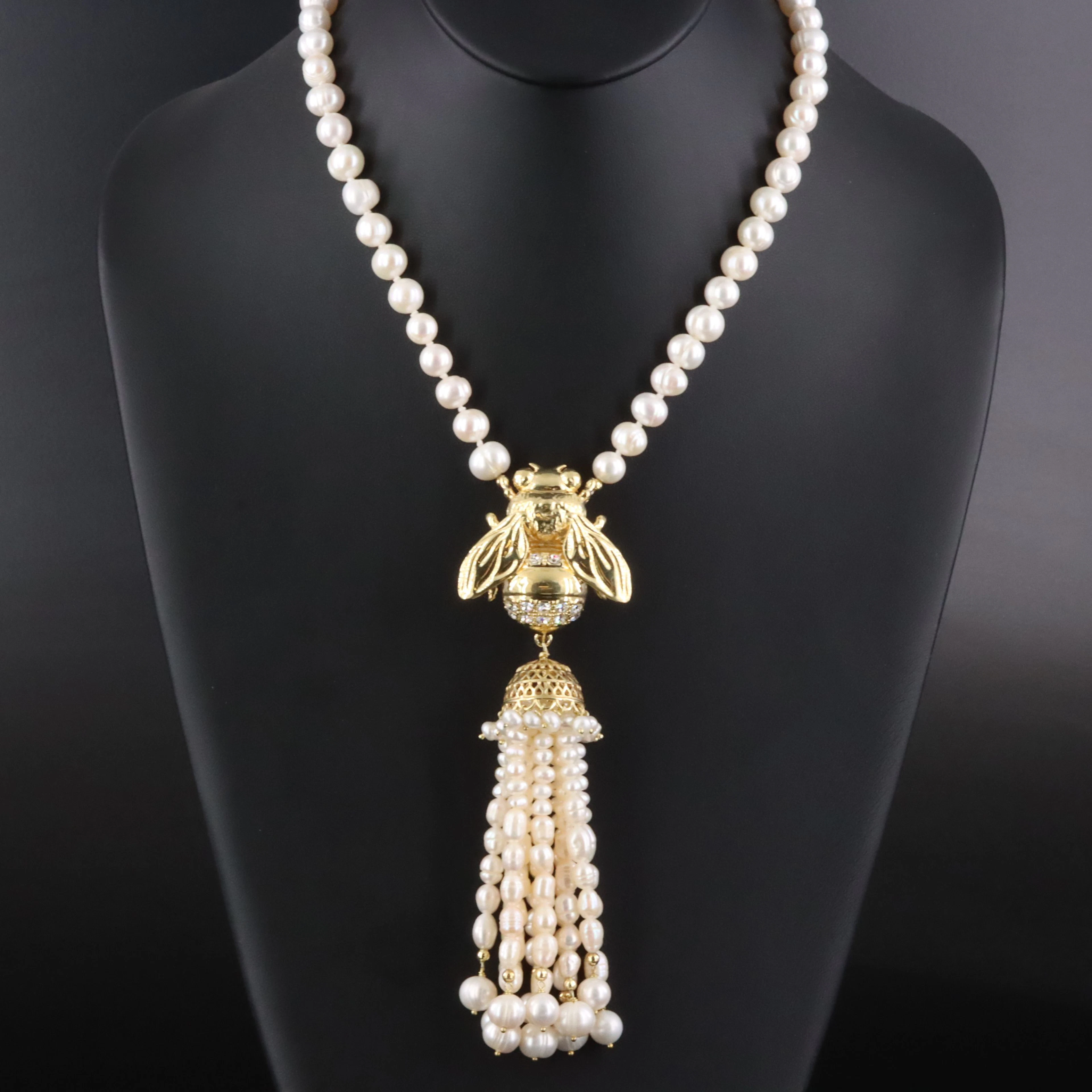 Graziella Braccialini Sterling Pearl & Crystal Bee Tassel Necklace