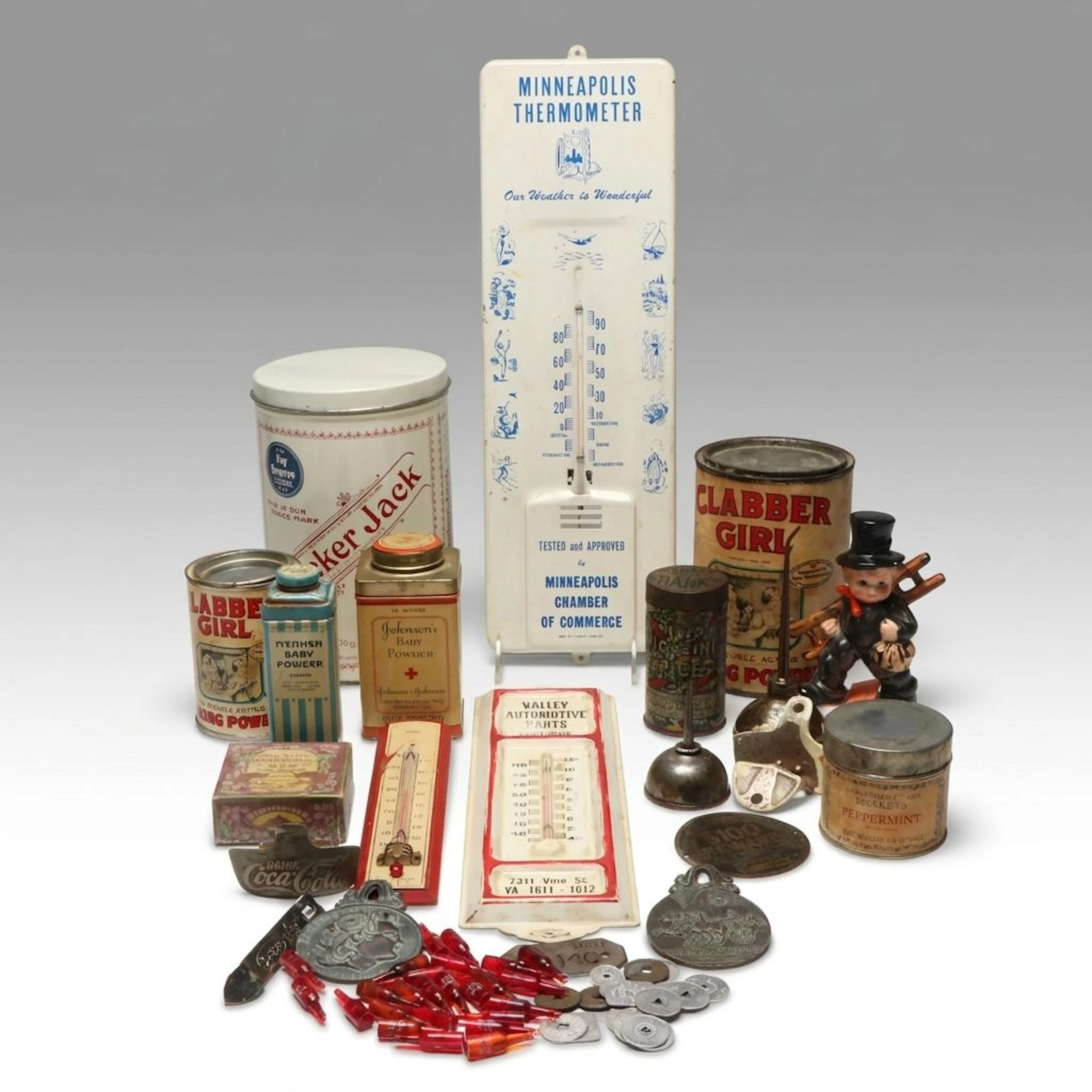 Cracker Jack and Other Vintage Tins with Burger Beer Miniatures, More Décor