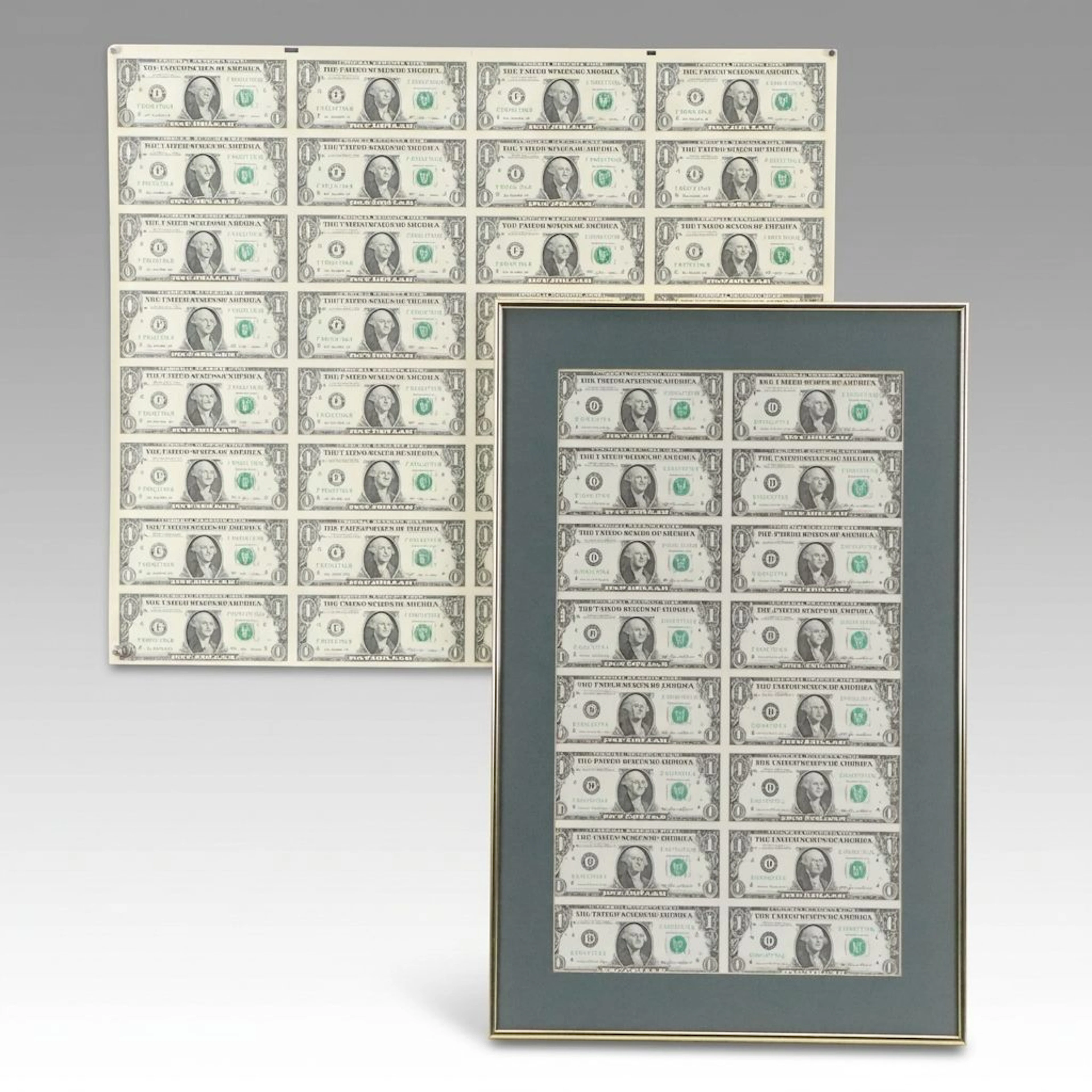 Two Uncut Sheets of U.S. Federal Reserve One Dollar Notes