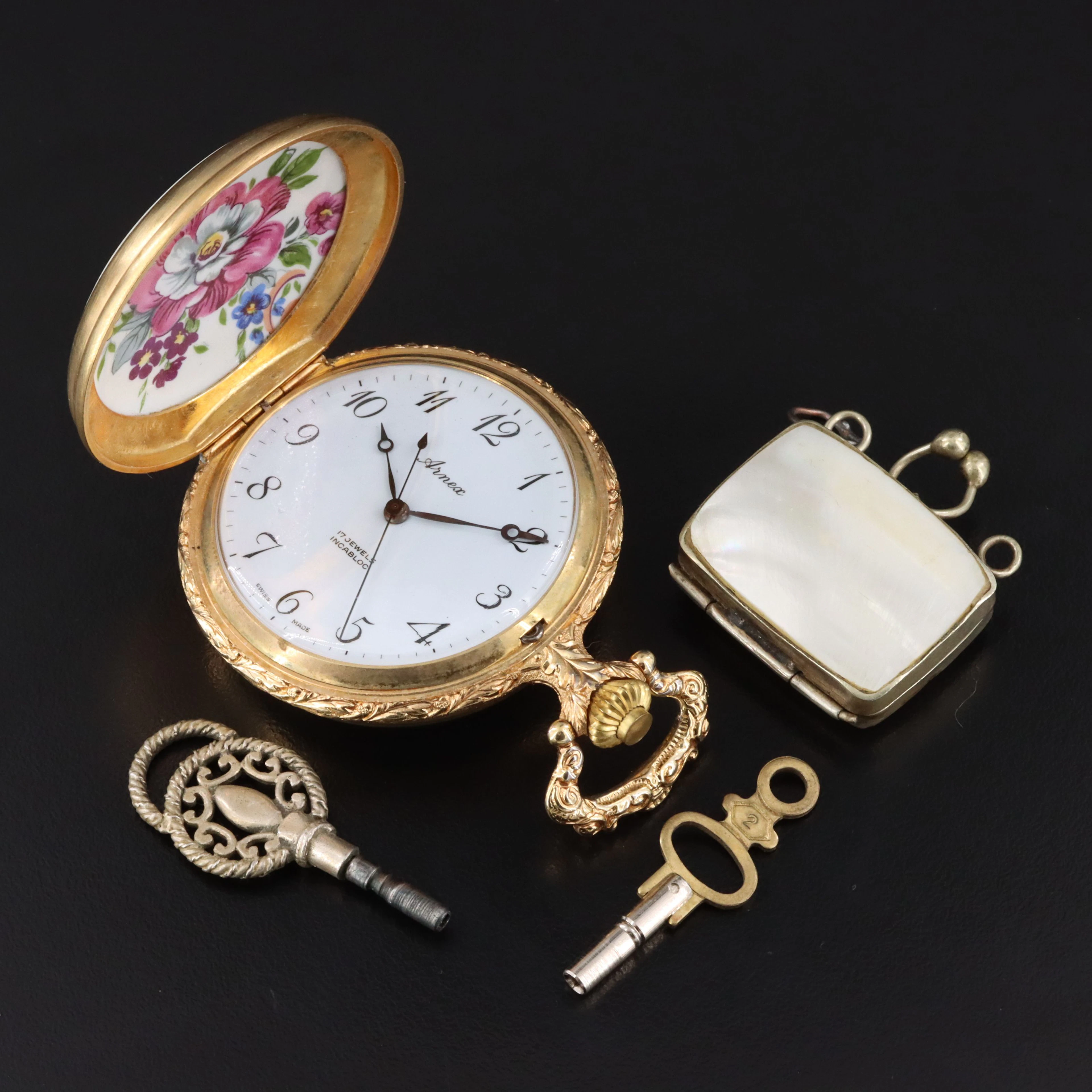 Arnex Enamel and Gold Tone Pocket Watch with Mother-of-Pearl Box and Keys