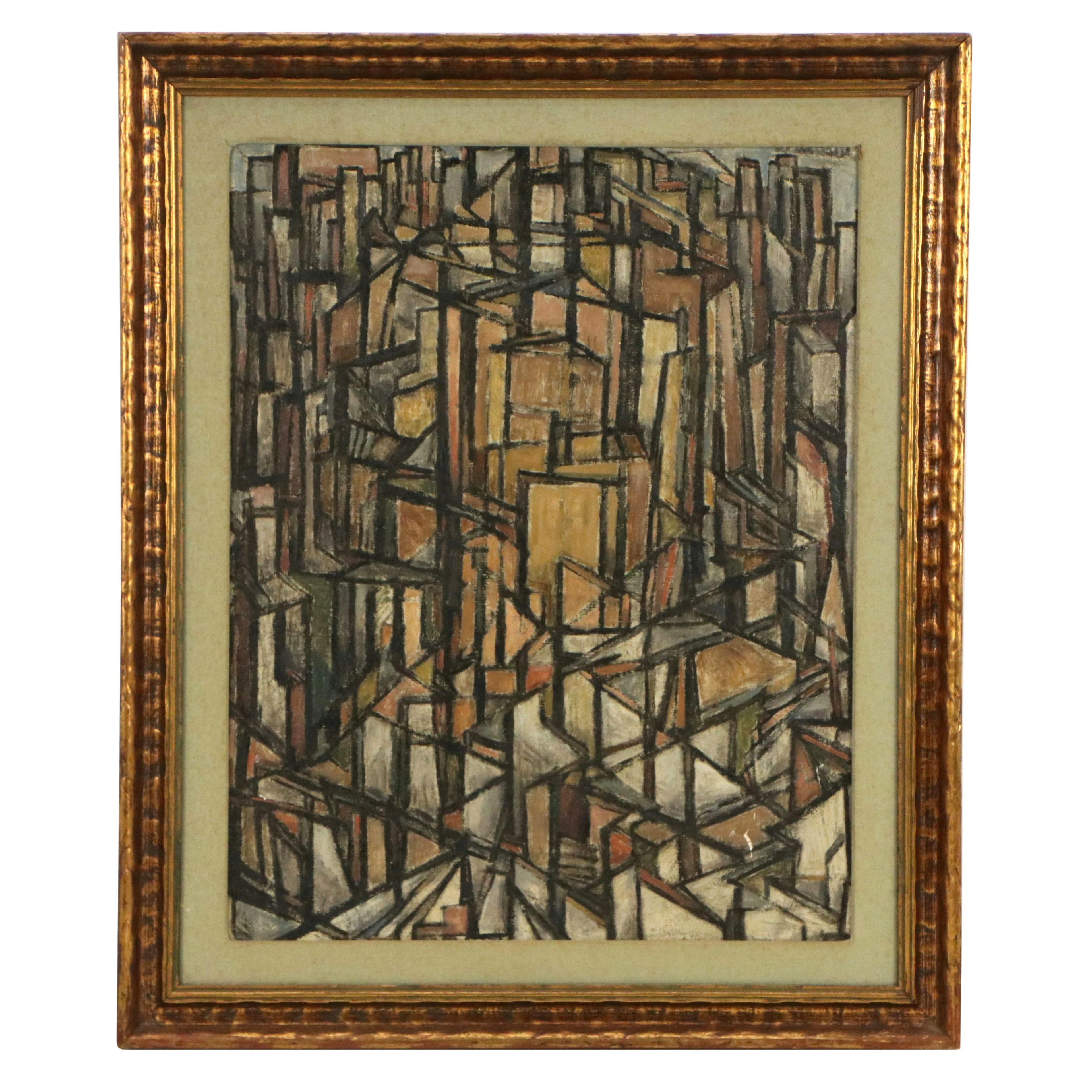 In the Style of Piet Mondrian Cubist Oil Painting, Mid-20th Century