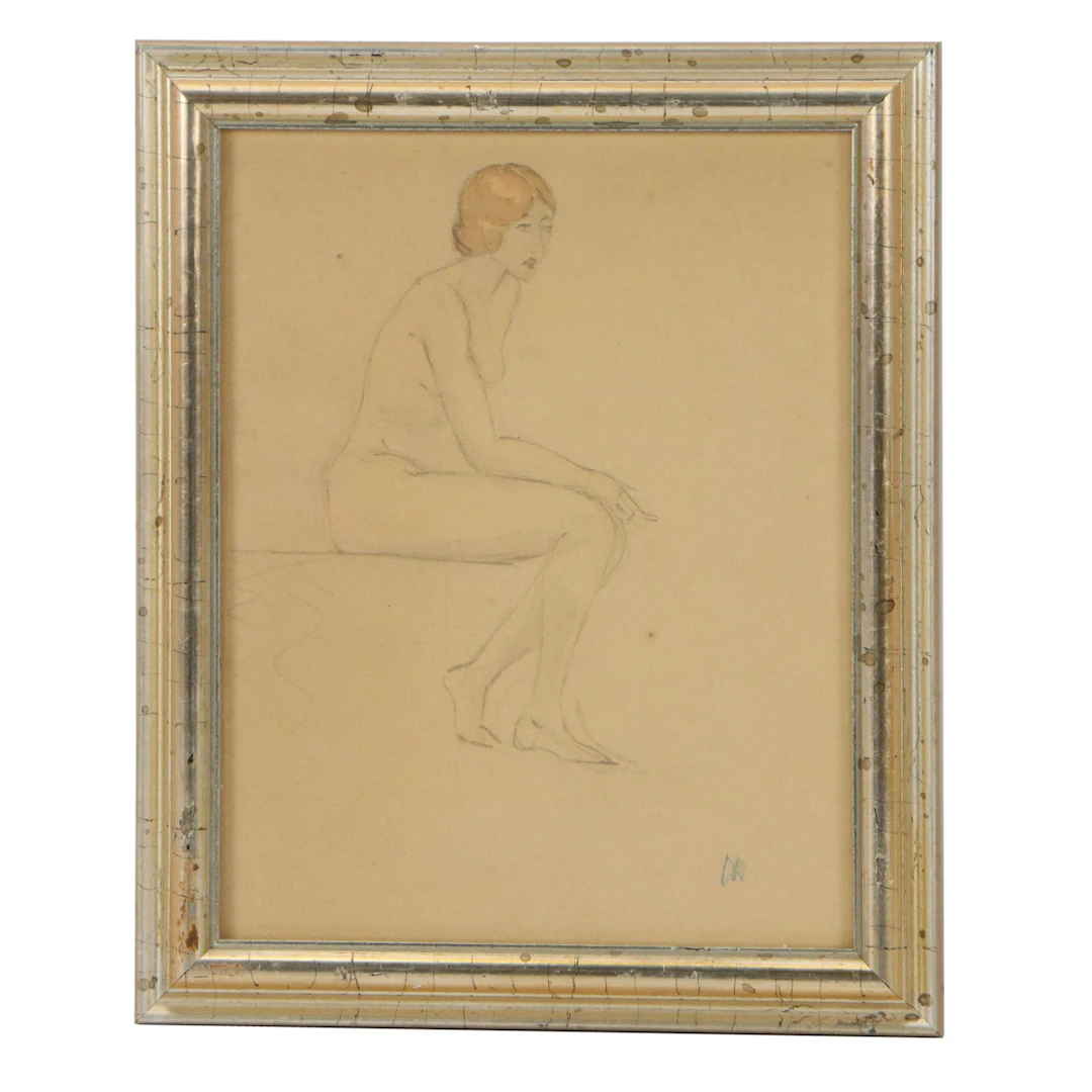 Graphite and Watercolor Drawing of Seated Female Nude, 20th Century