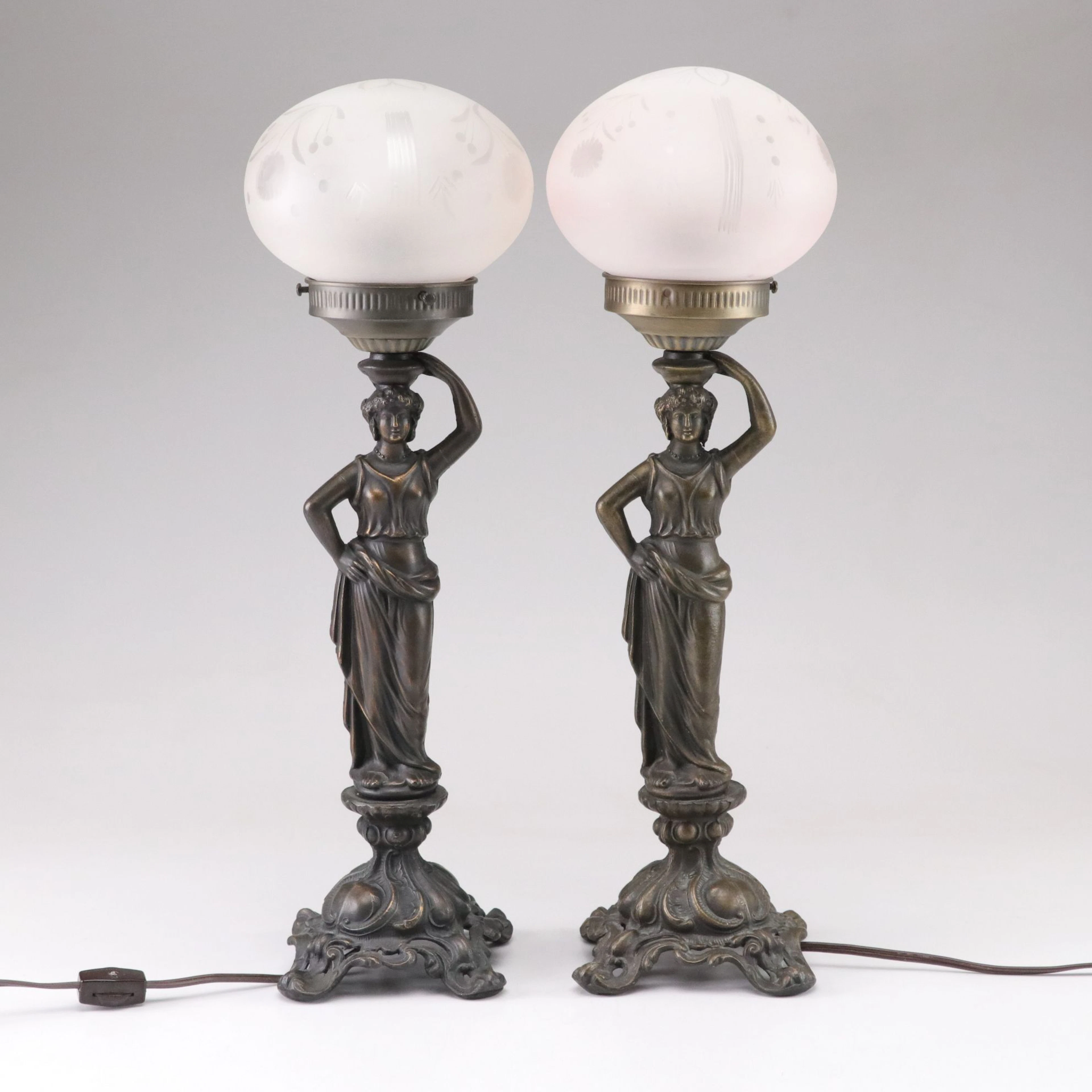 Pair of Paul Sahlin Tiffany Grecian Figural Spelter Banquet Lamps
