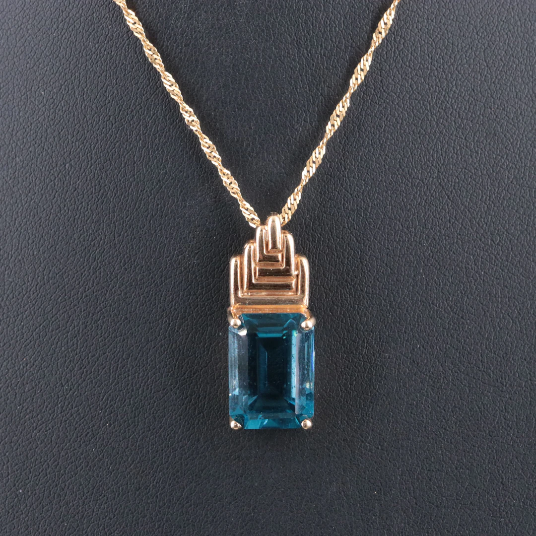 10K 9.50 CT Blue Topaz Pendant on 18K Singapore Chain Necklace