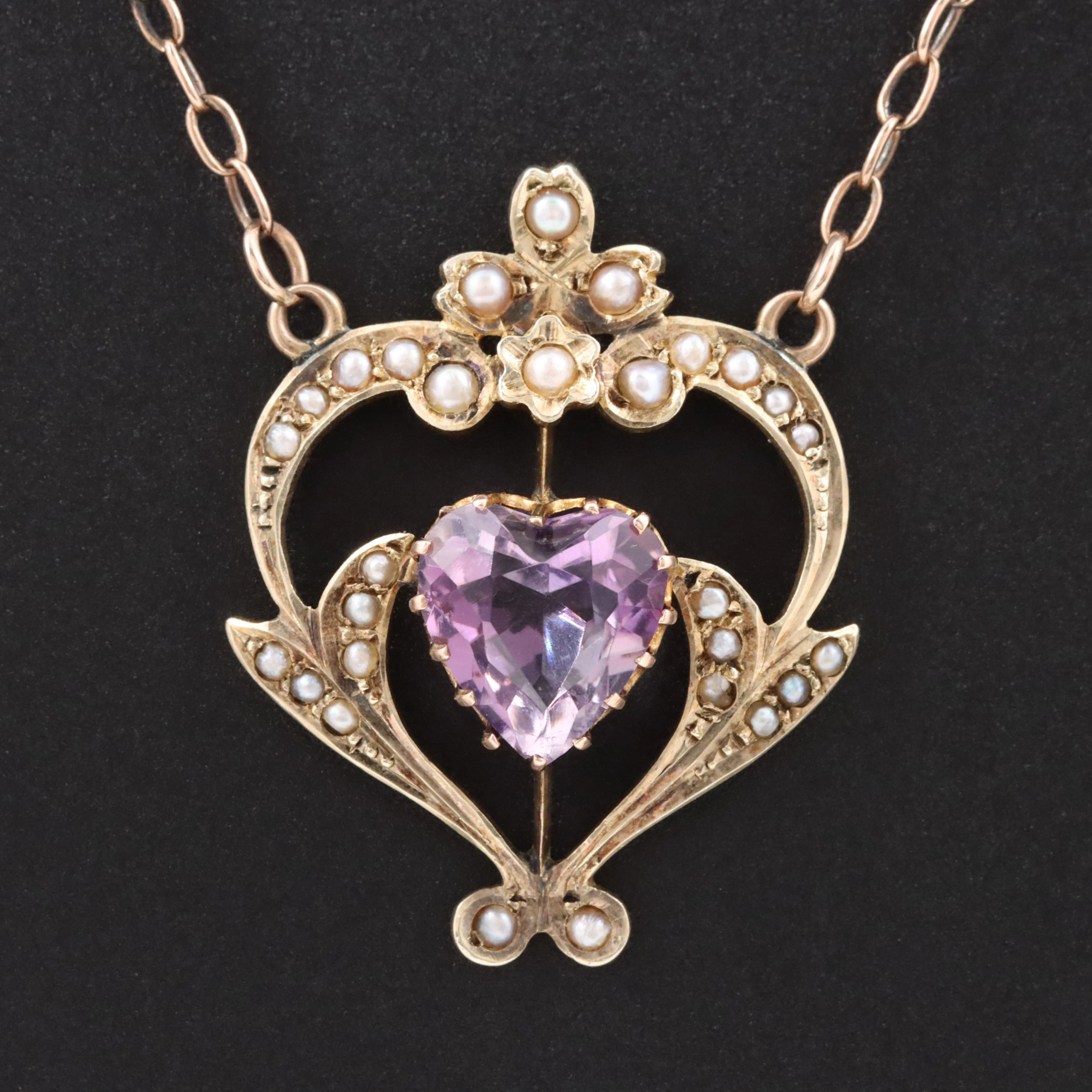 Art Nouveau 9K Green and Rose Gold Amethyst and Pearl Heart Lavalier Necklace