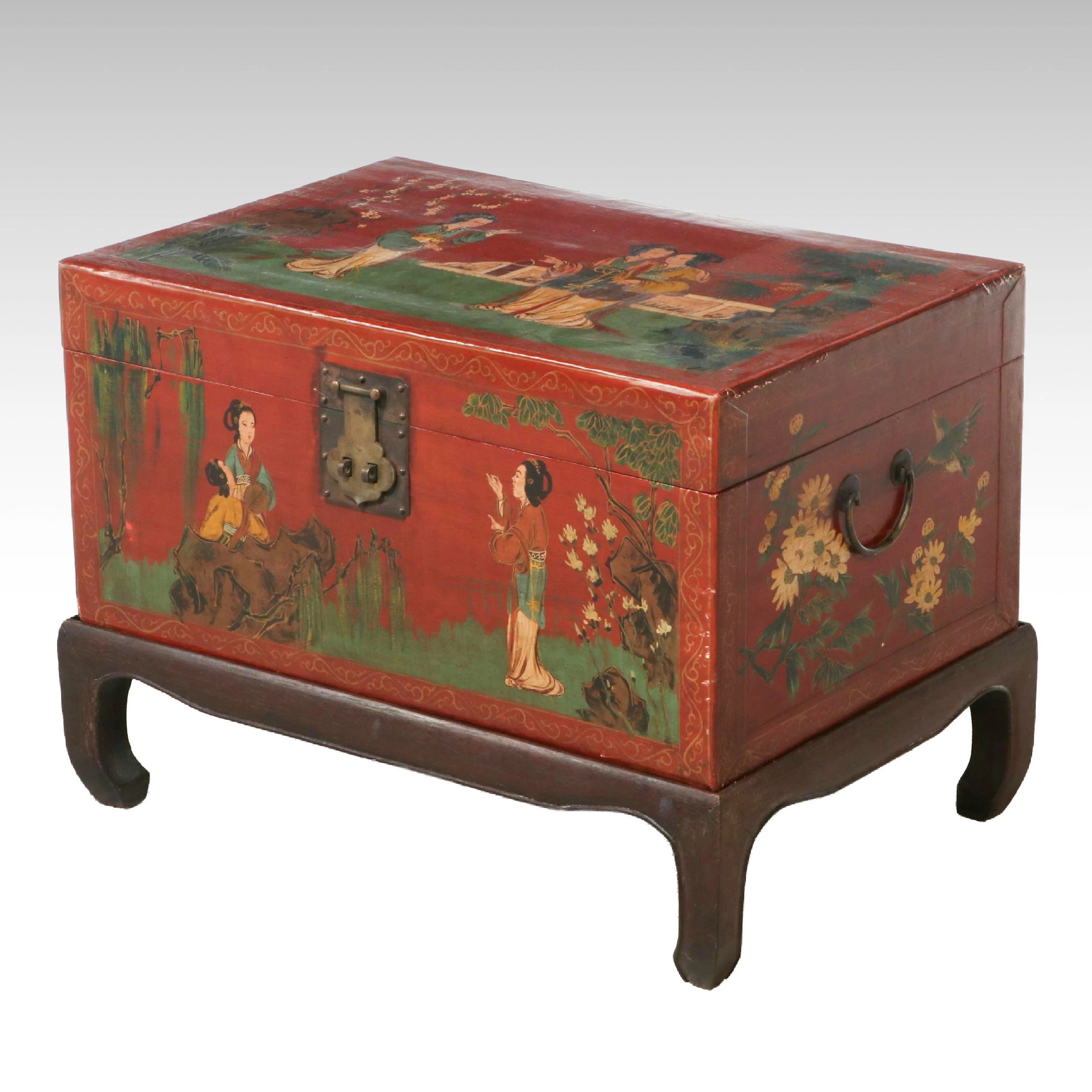 Chinese Style Painted Leather Trunk on Stand, Late 20th Century