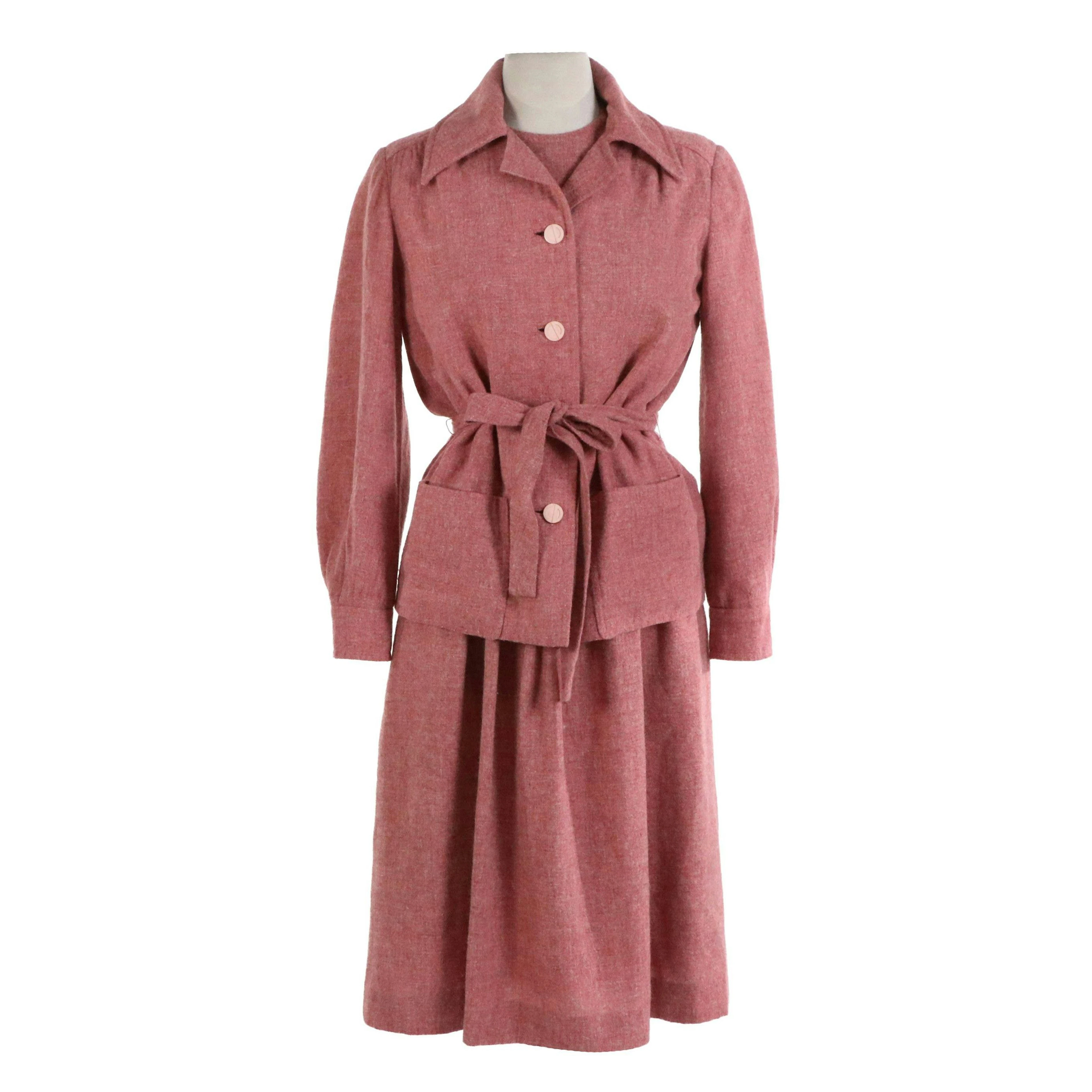 Christian Dior Early 1970s Diorling Mauve Pink Pleated Wool Dress/Jacket Set