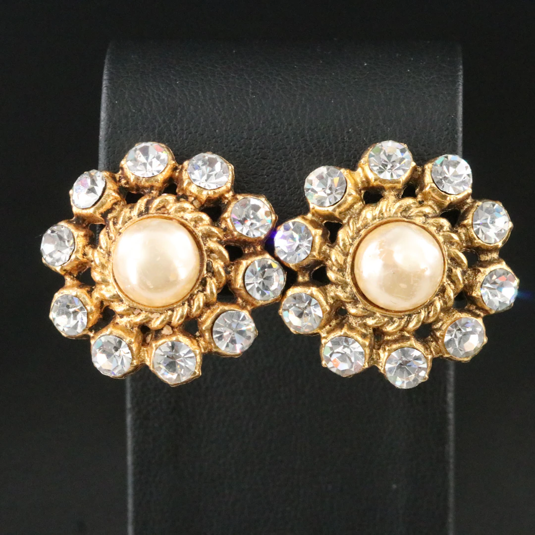 Chanel Glass Pearl and Crystal Clip Earrings Vintage