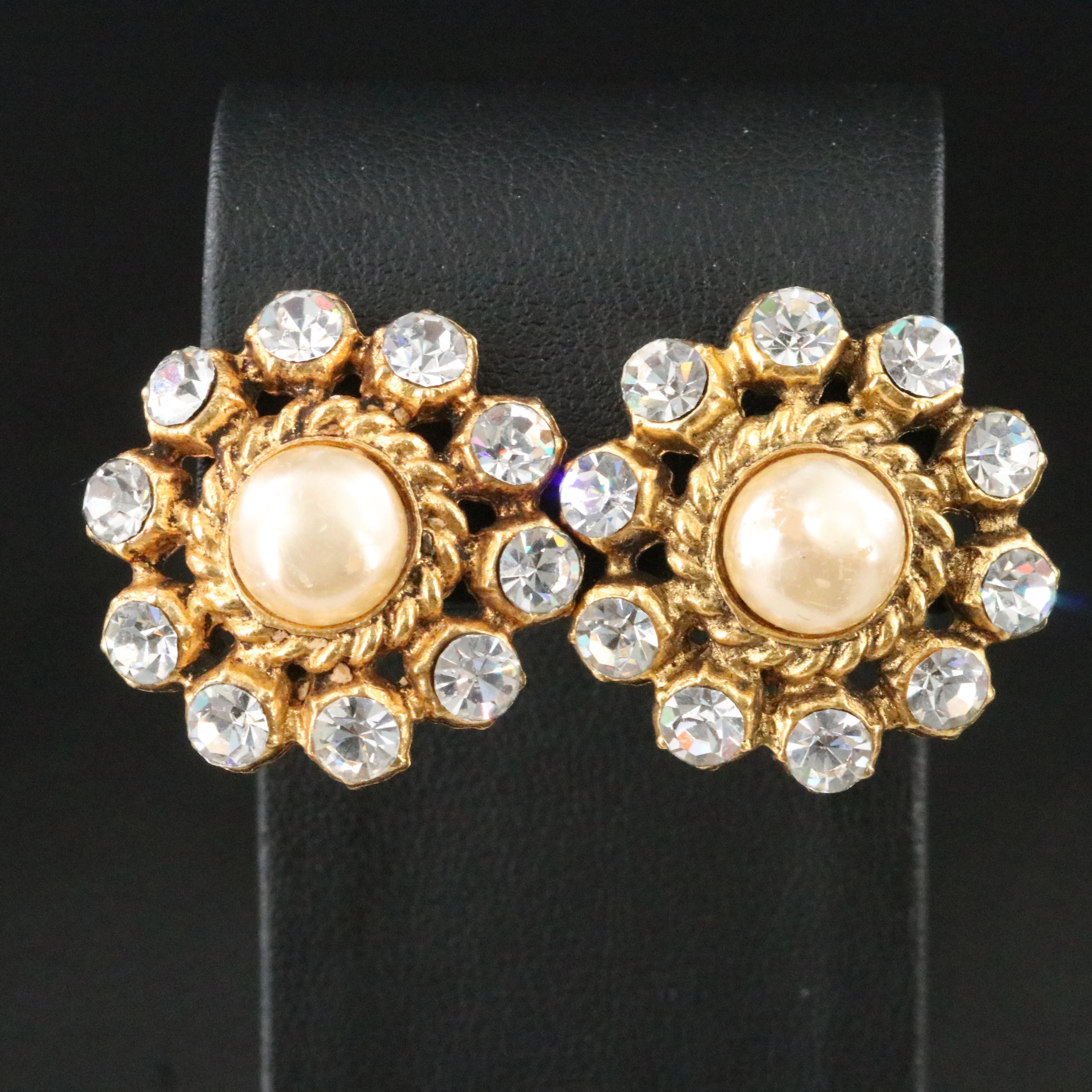 Chanel Glass Pearl and Crystal Clip Earrings Vintage