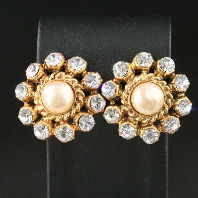 Chanel Glass Pearl and Crystal Clip Earrings Vintage